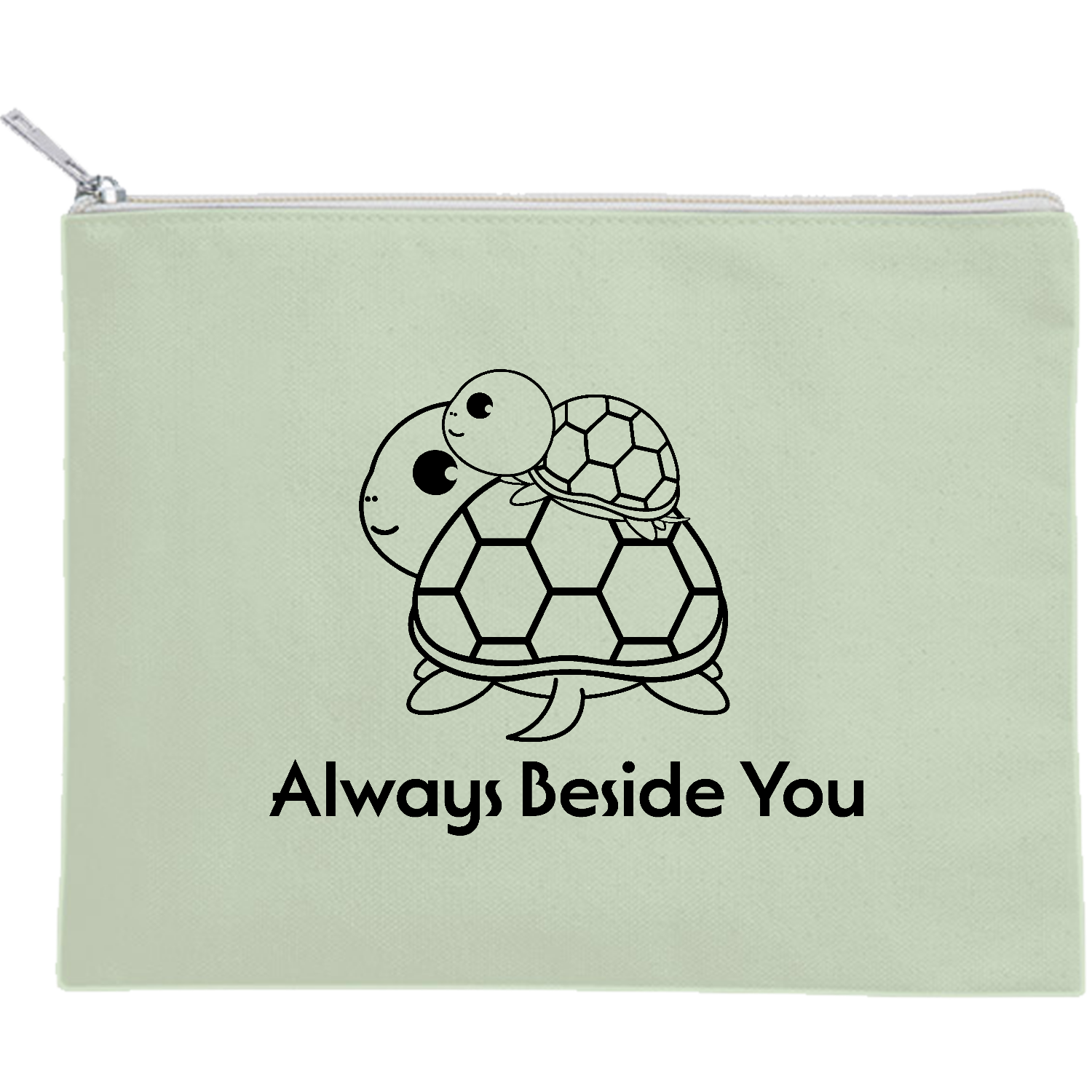 可愛い亀ちゃんの親子の線画イラスト キャンバスフラットポーチ（M）【白プリント有】