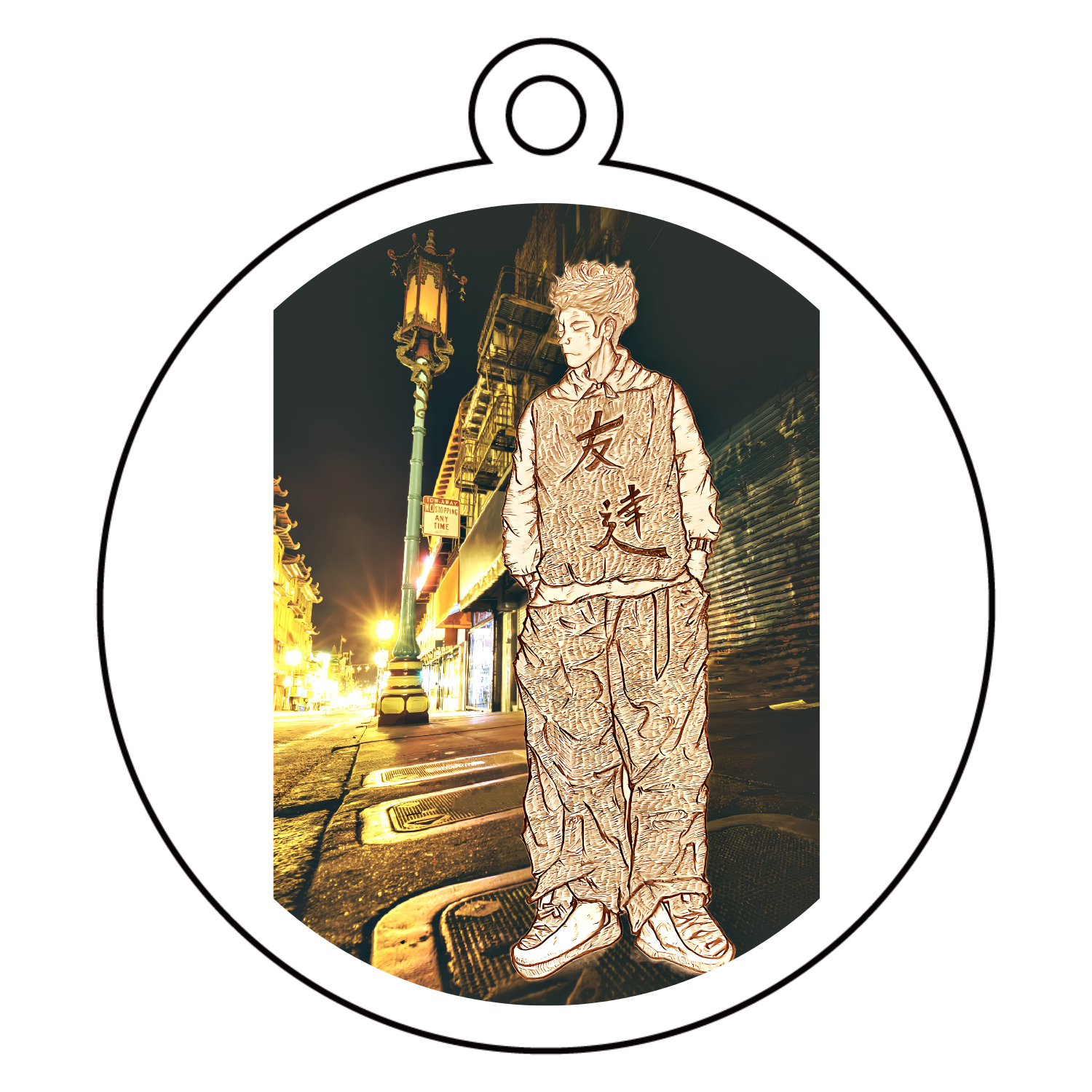 友達、イラスト、風景、感謝、ありがとう、 アクリルキーホルダー　丸型 (6cm)