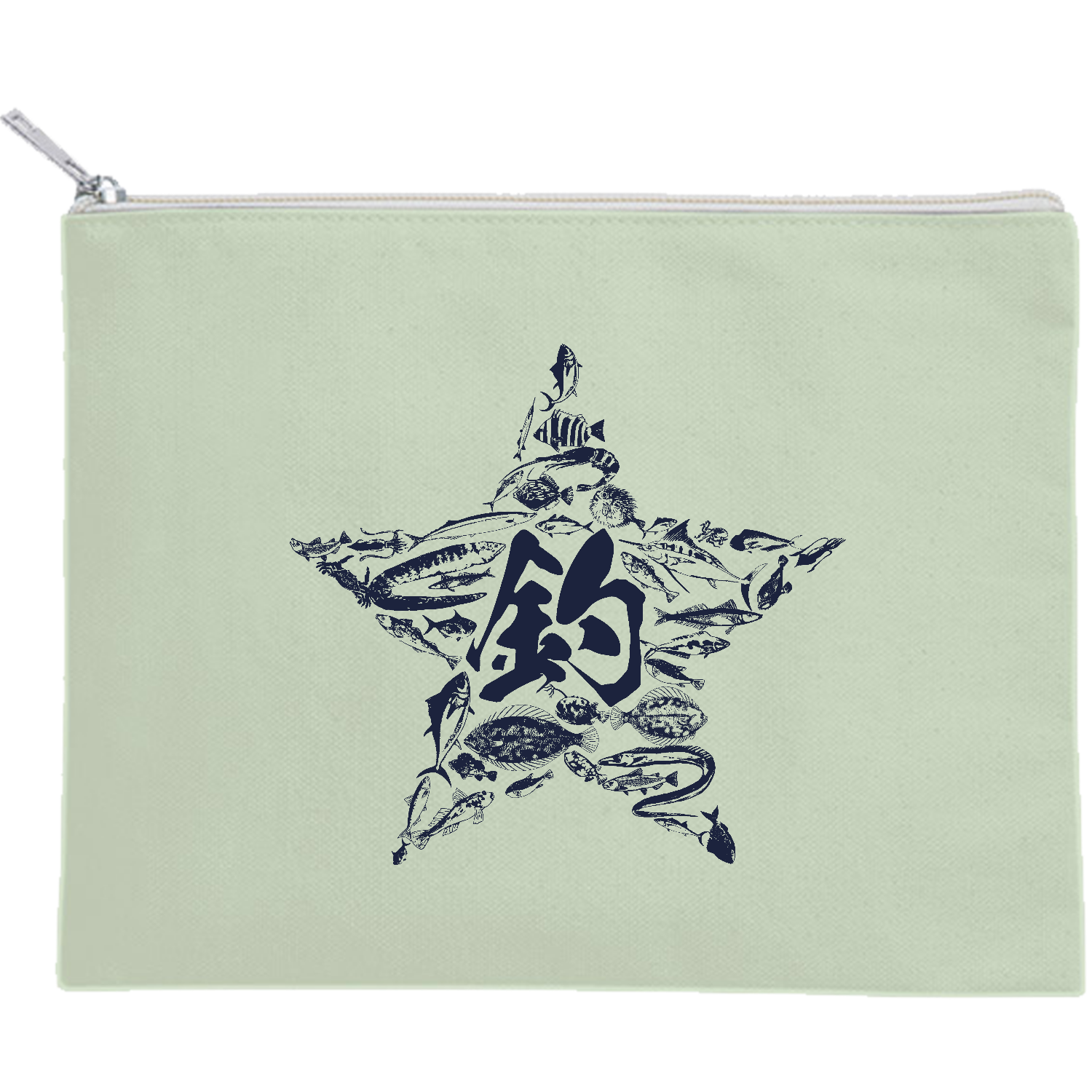 釣り！ - 魚拓の星マーク キャンバスフラットポーチ（M）【白プリント有】