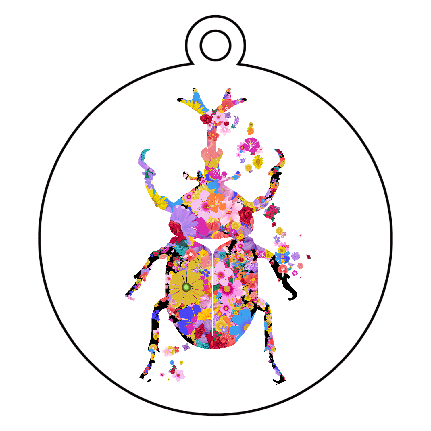 花柄のカラフルなカブトムシのマーク アクリルキーホルダー　丸型 (6cm)