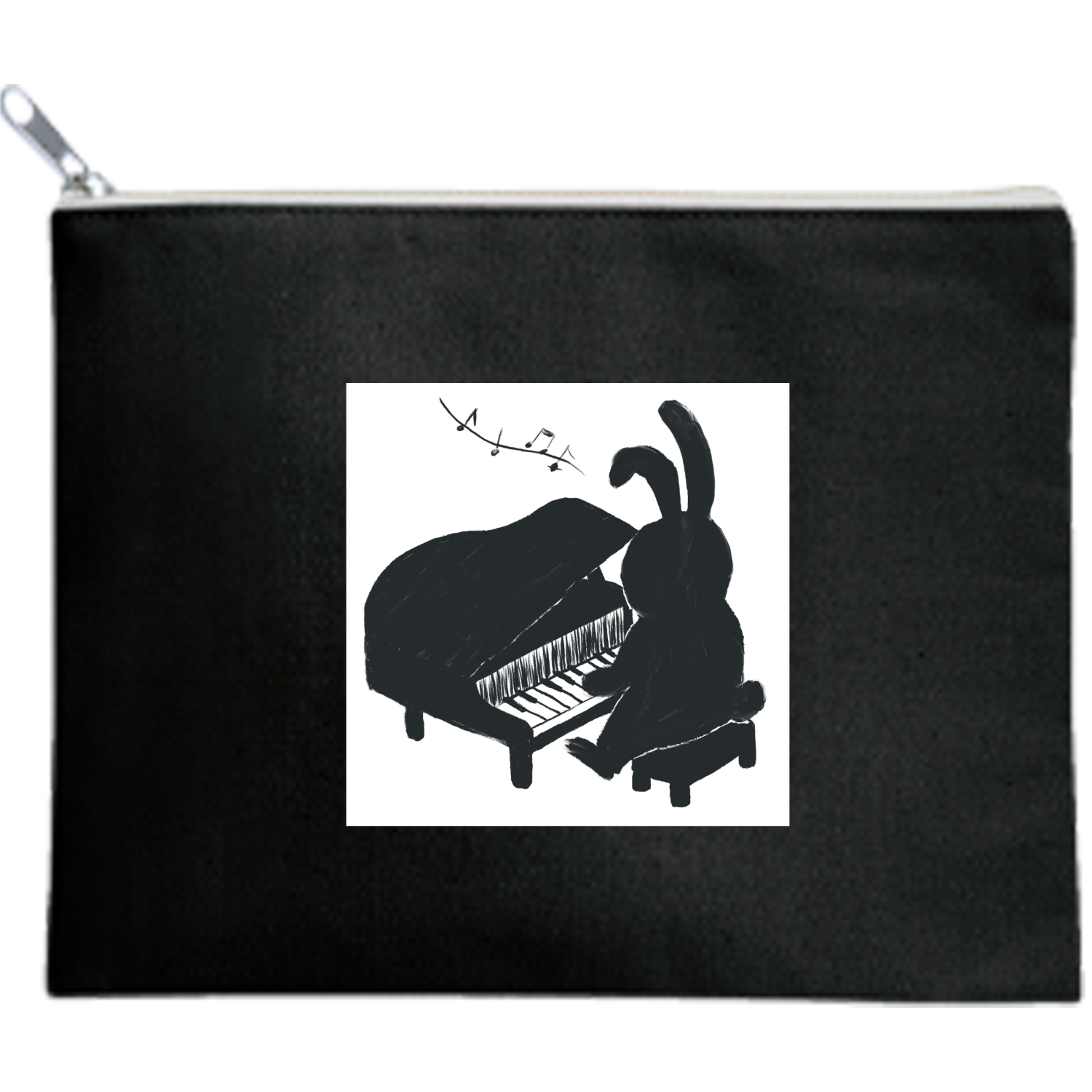 ピアノをひくうさぎ キャンバスフラットポーチ（M）【白プリント有】
