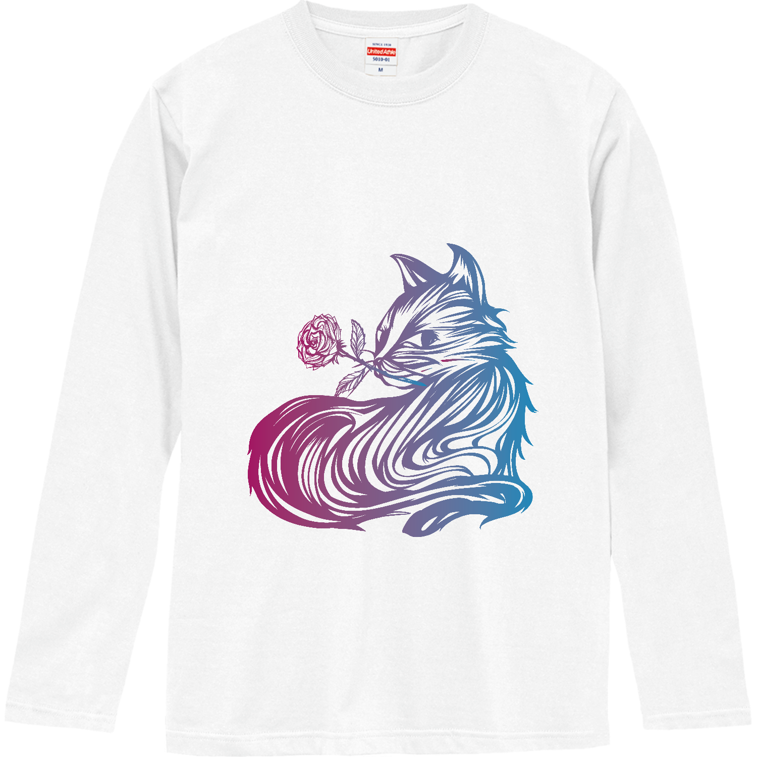 猫と薔薇の絵 - 夢薔薇猫のおしゃれなワンポイントマーク ロングスリーブTシャツ