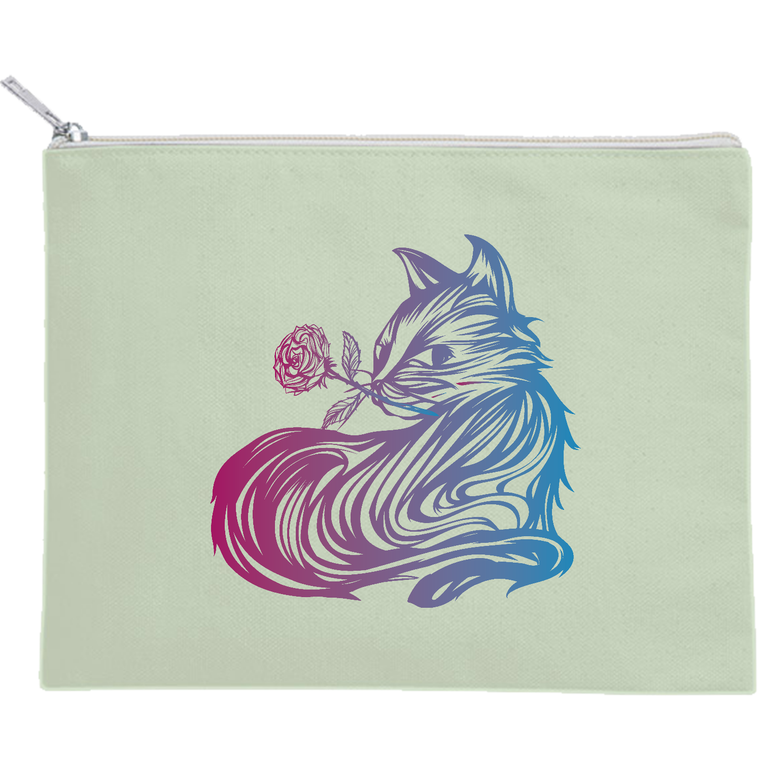 猫と薔薇の絵 - 夢薔薇猫のおしゃれなワンポイントマーク キャンバスポーチ（M）【白プリント有】