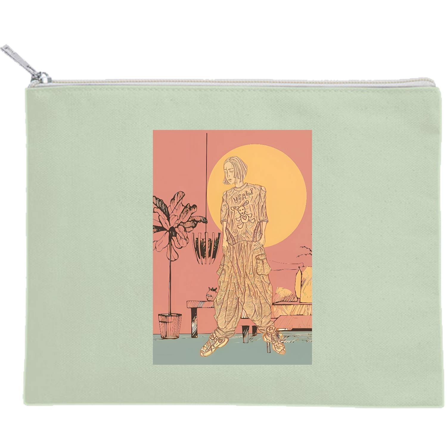 オシャレ、イラスト、モノクロ、服 キャンバスフラットポーチ（M）【白プリント有】