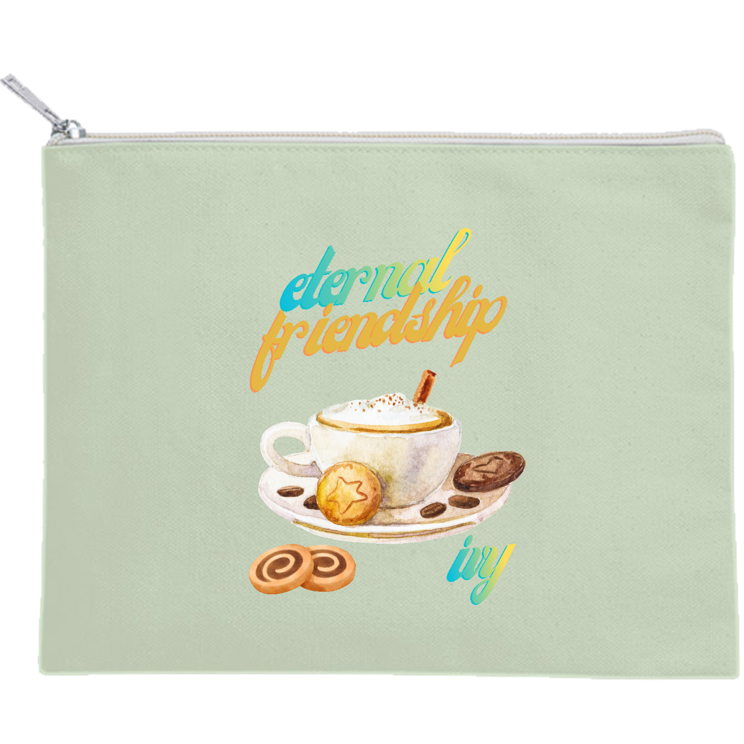 ティータイムパート2 キャンバスフラットポーチ（M）【白プリント有】