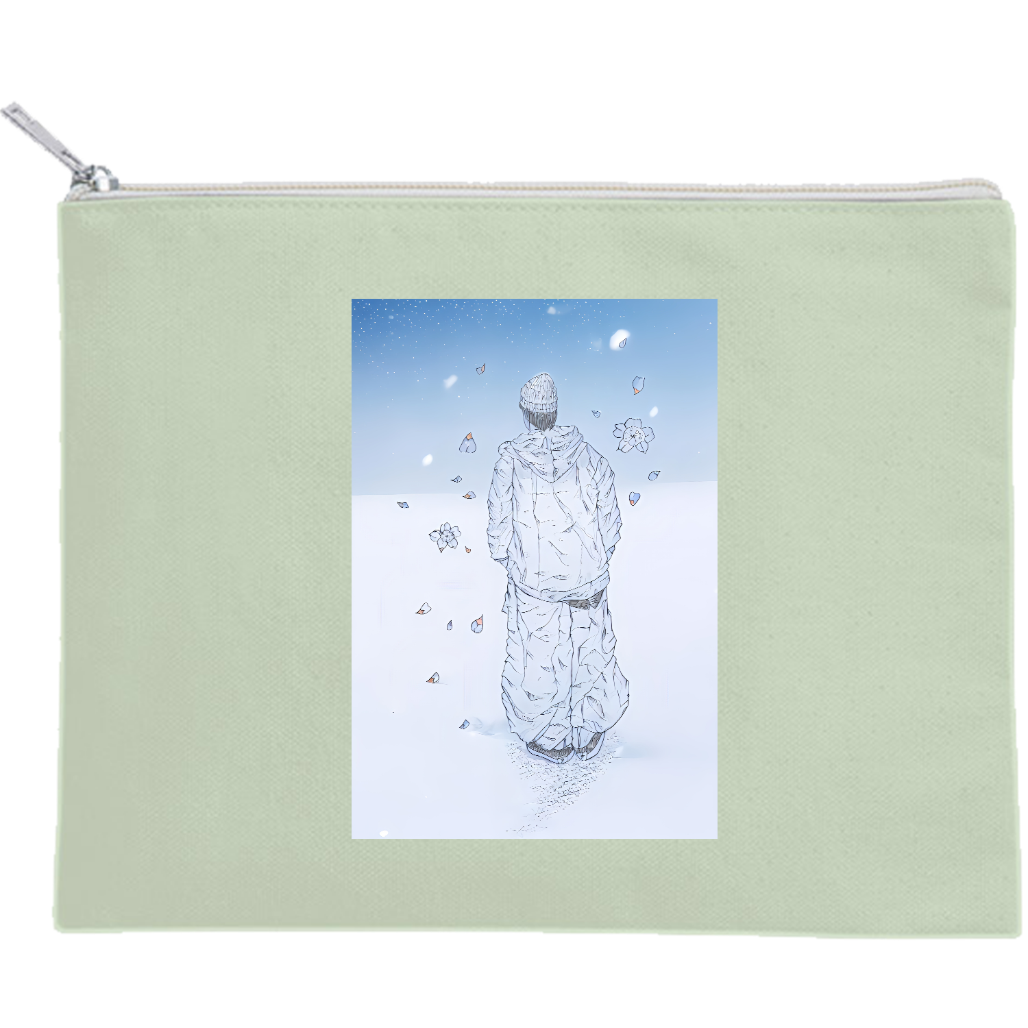 雪、桜、パーカー、ニット帽 キャンバスフラットポーチ（M）【白プリント有】