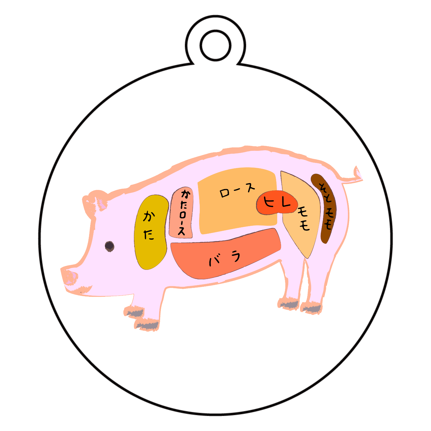可愛い豚とお肉のイラスト アクリルキーホルダー　丸型 (6cm)