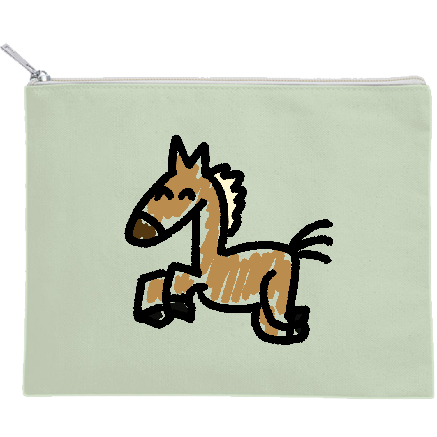 手書きの可愛い馬のイラストキャンバスフラットポーチ（M）【白
