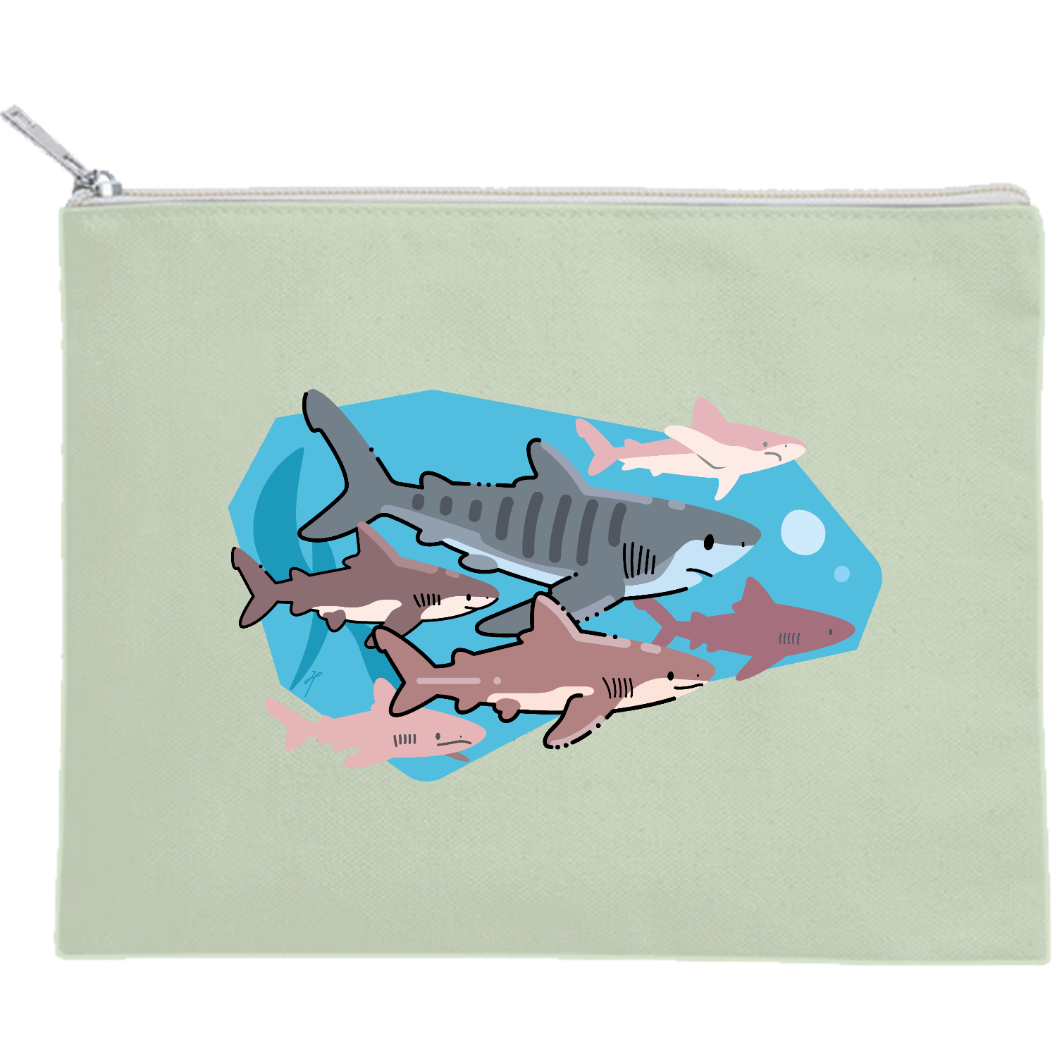 サメと泳ぐ キャンバスフラットポーチ（M）【白プリント有】