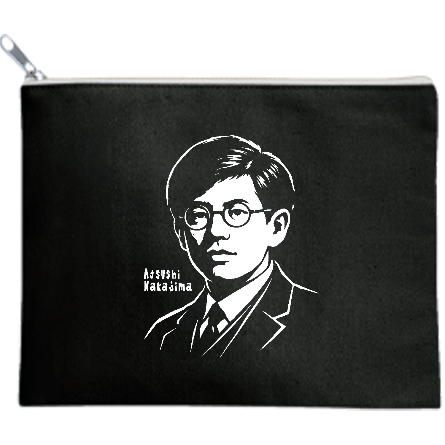  中島敦　切り絵アート｜モノクロ・ステンシルグラフィック・文豪・文学・山月記 キャンバスフラットポーチ（M）【白プリント有】