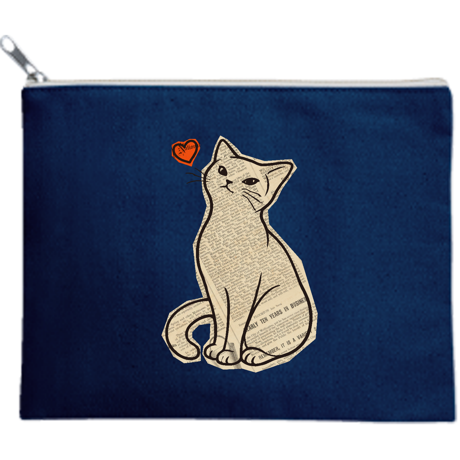 新聞コラージュ猫｜ヴィンテージ・猫アート キャンバスフラットポーチ（M）【白プリント有】