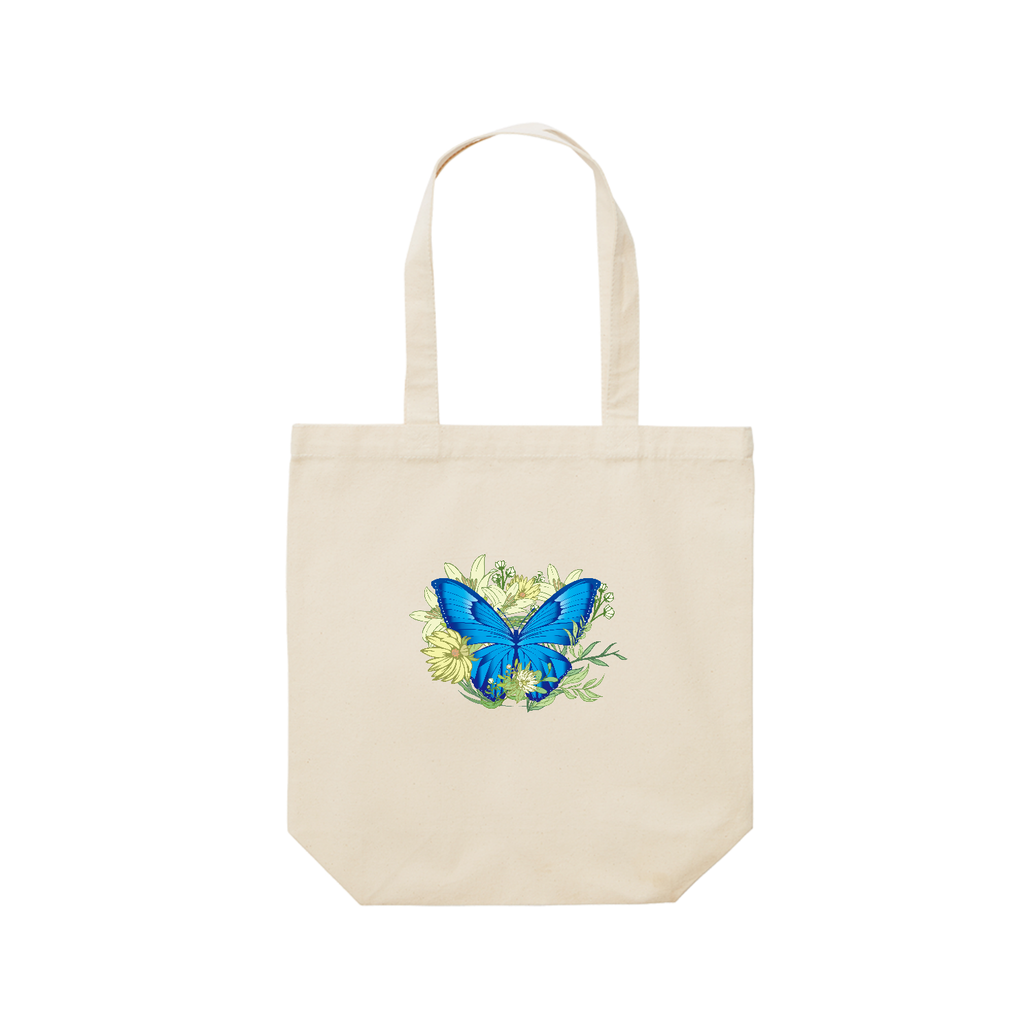 ブルーモルフォ蝶のイラスト レギュラーキャンバストートバッグ(M) (フルカラー転写プリント)