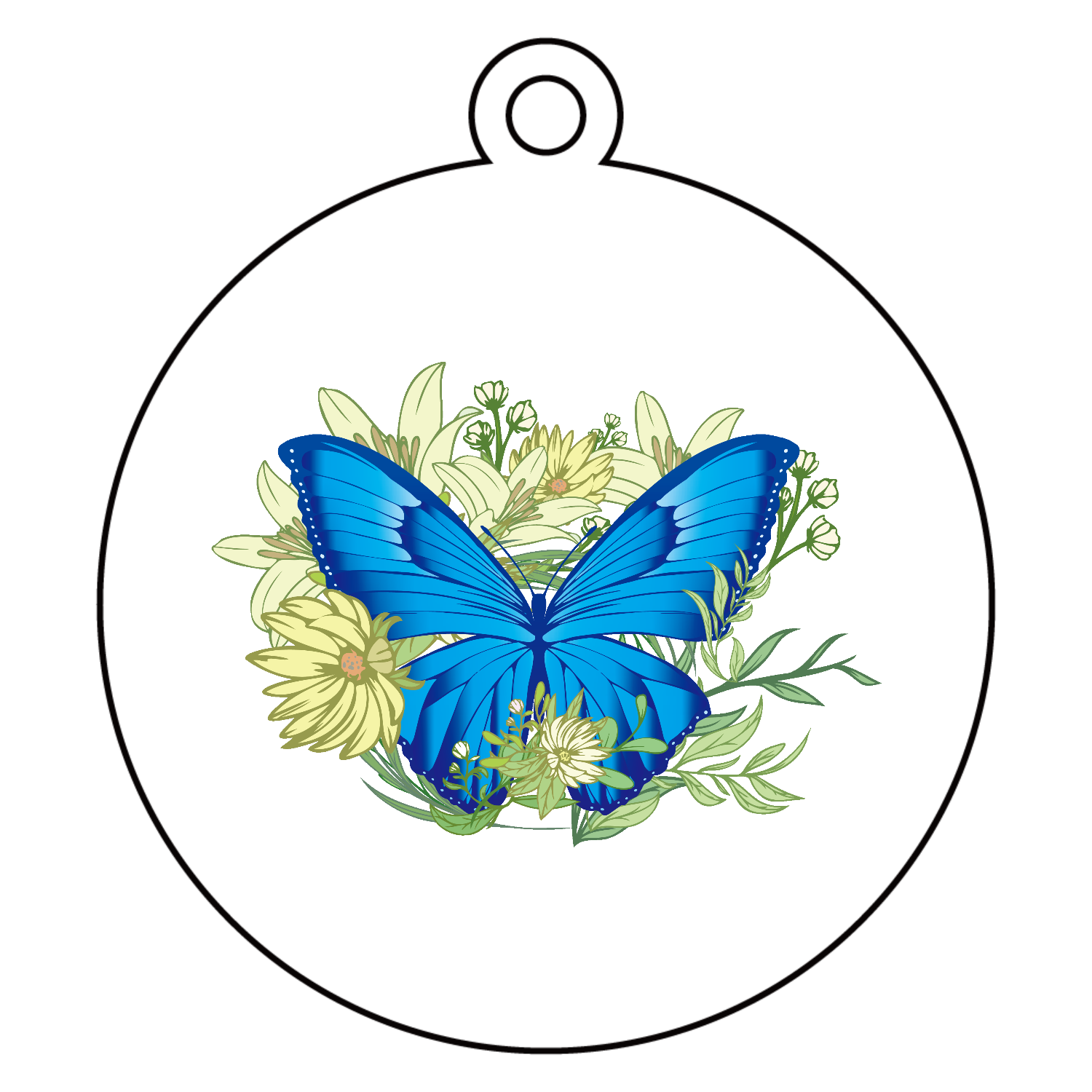 ブルーモルフォ蝶のイラスト アクリルキーホルダー　丸型 (6cm)