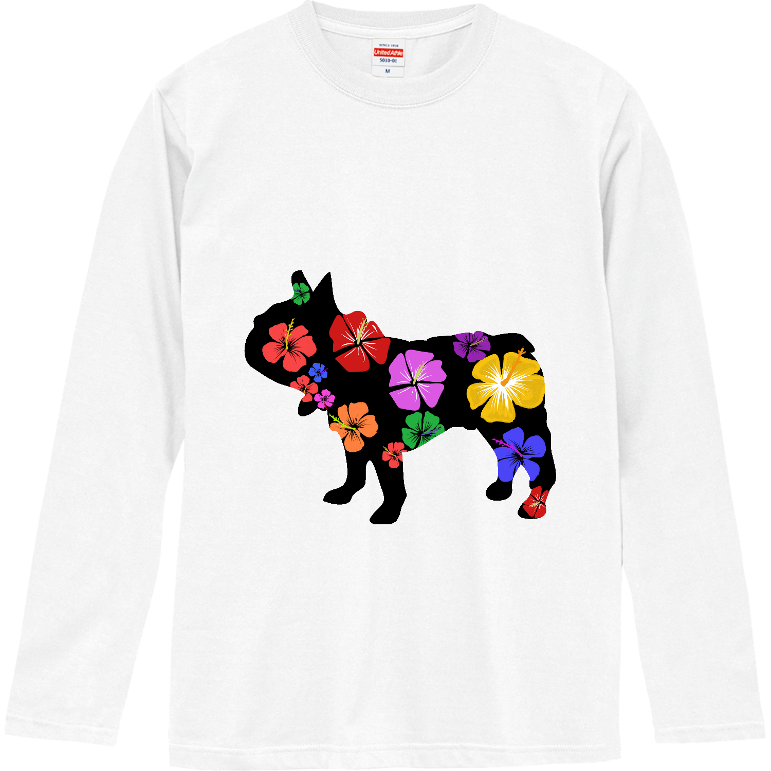 ハイビスカスのフレンチブルドッグシルエット ロングスリーブTシャツ