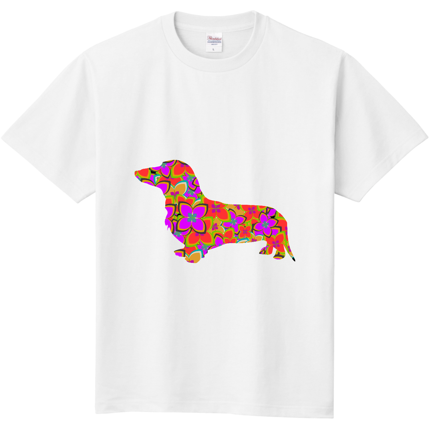 花柄のミニチュアダックスフンドシルエット 定番Ｔシャツ