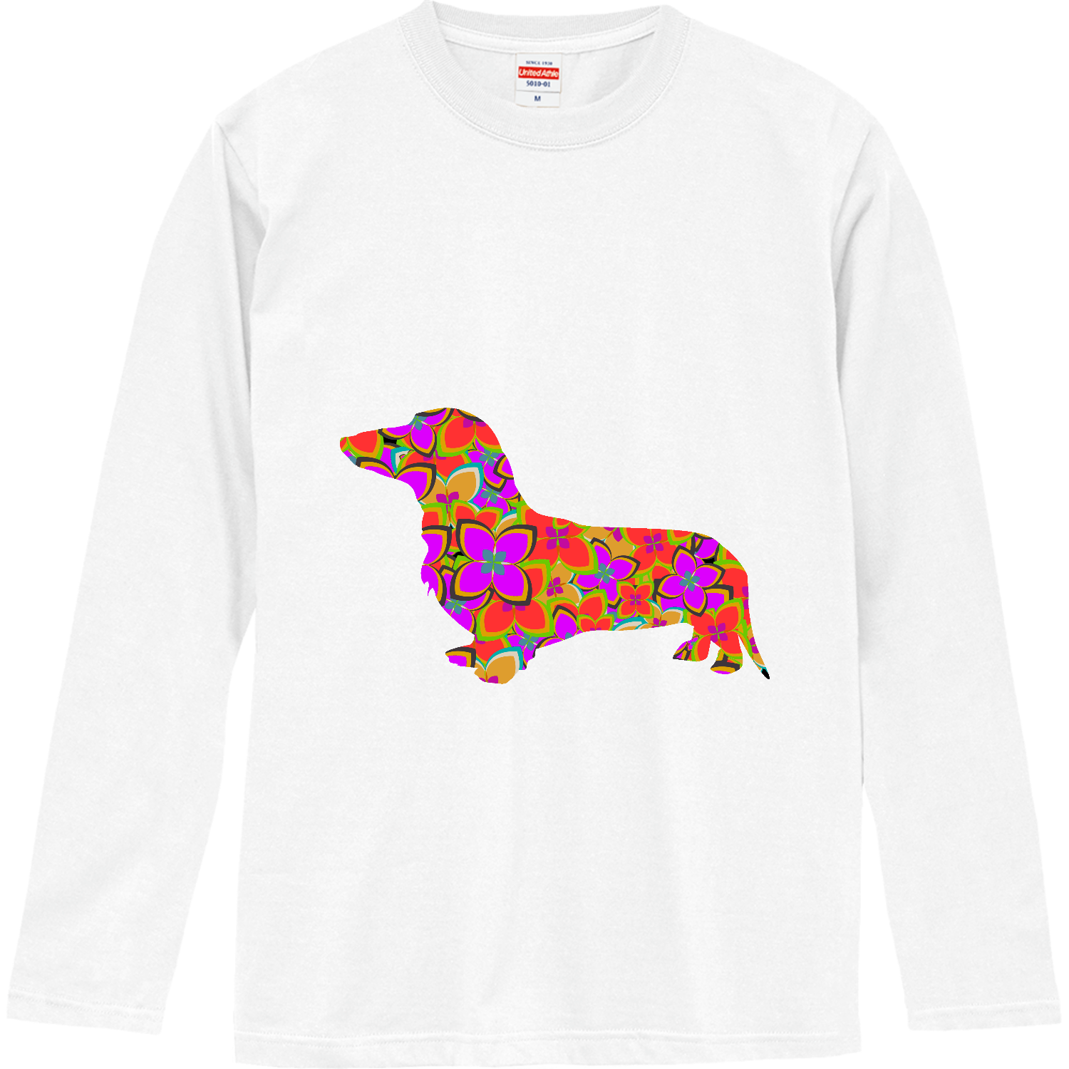 花柄のミニチュアダックスフンドシルエット ロングスリーブTシャツ