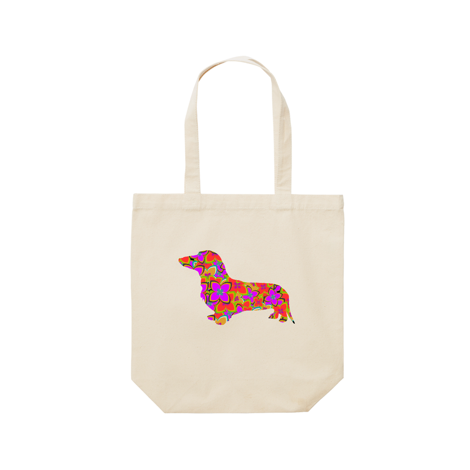 新品  ダックスフンド　バッグ 花柄のミニチュアダックスフンドシルエットレギュラーキャンバストート