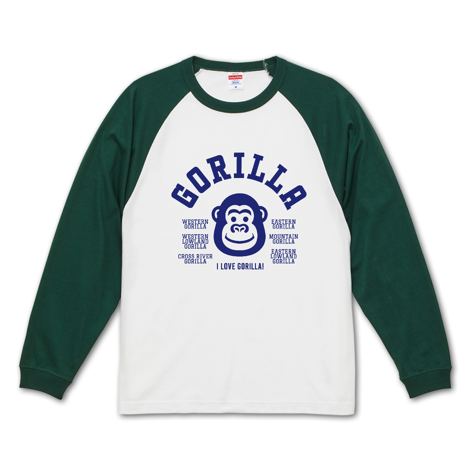 I LOVE GORILLA! ゴリラ大好き 01 ラグランロングスリーブTシャツ（1.6インチリブ）
