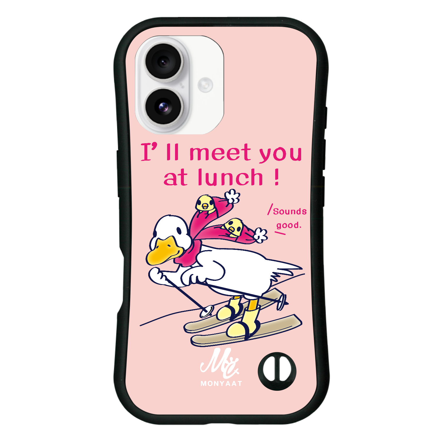 あひるのおひるさんのスキー　ピンク iPhone16 耐衝撃吸収グリップケース