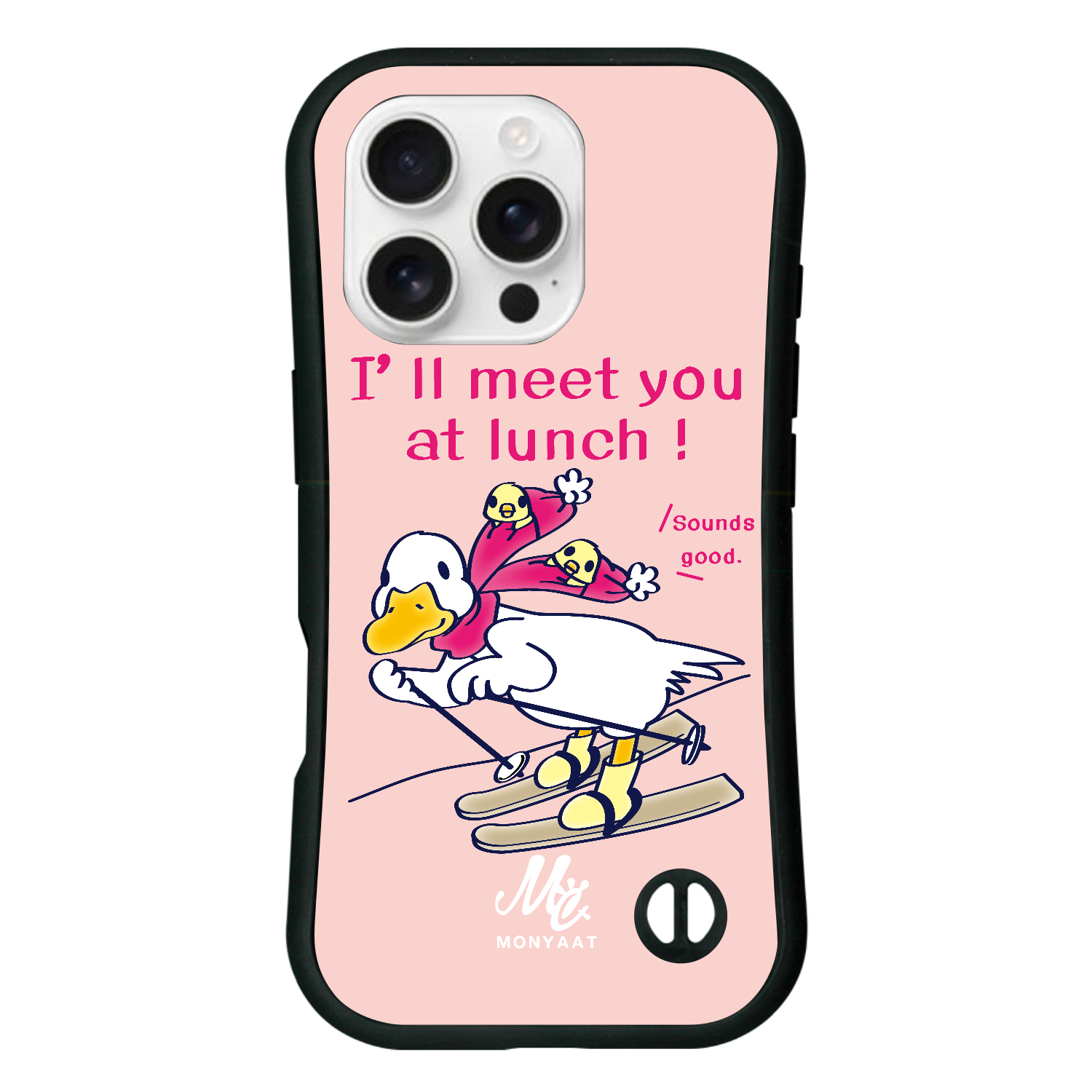 あひるのおひるさんのスキー　ピンク iPhone16 Pro 耐衝撃吸収グリップケース