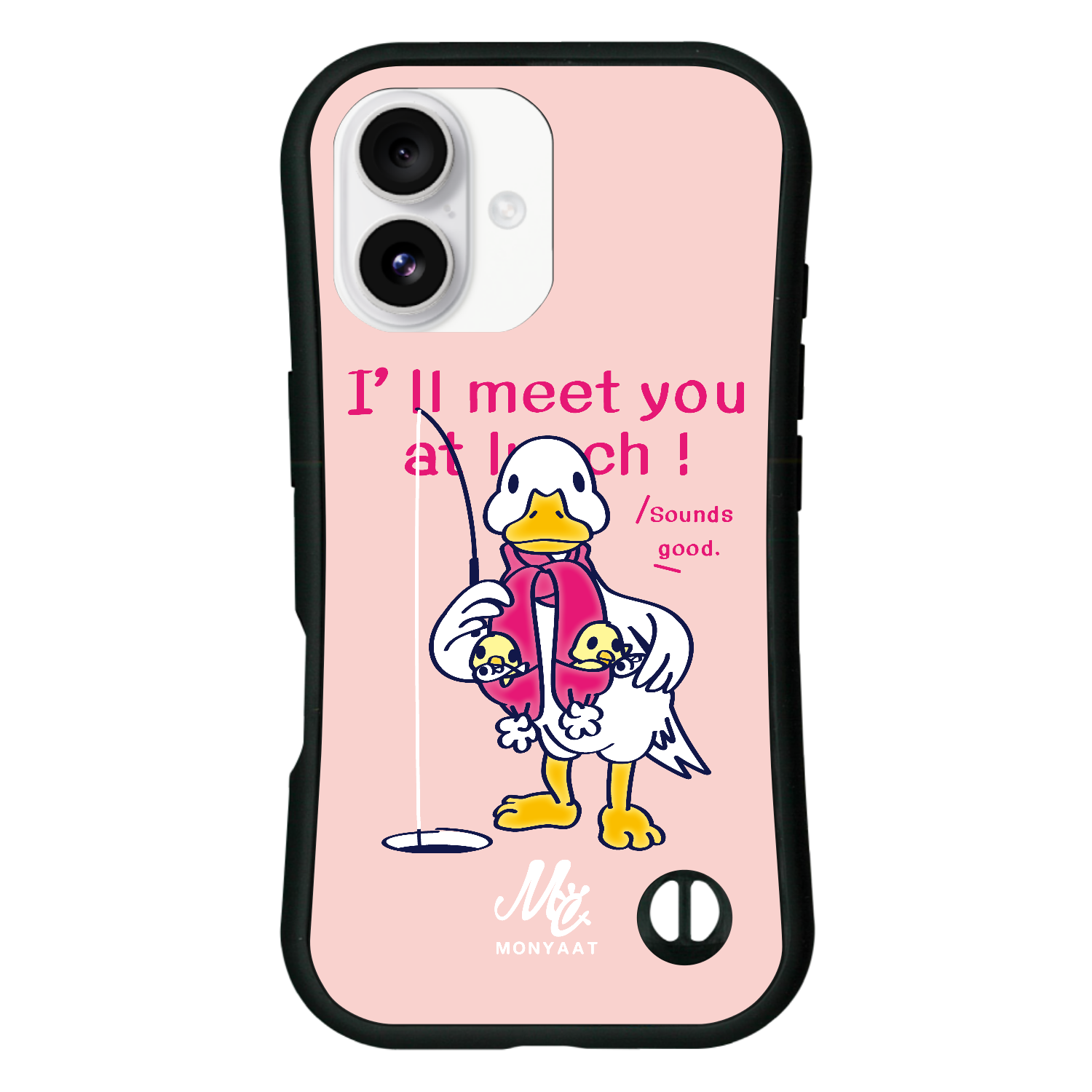 あひるのおひるさんのサカナ釣り ピンク iPhone16 耐衝撃吸収グリップケース