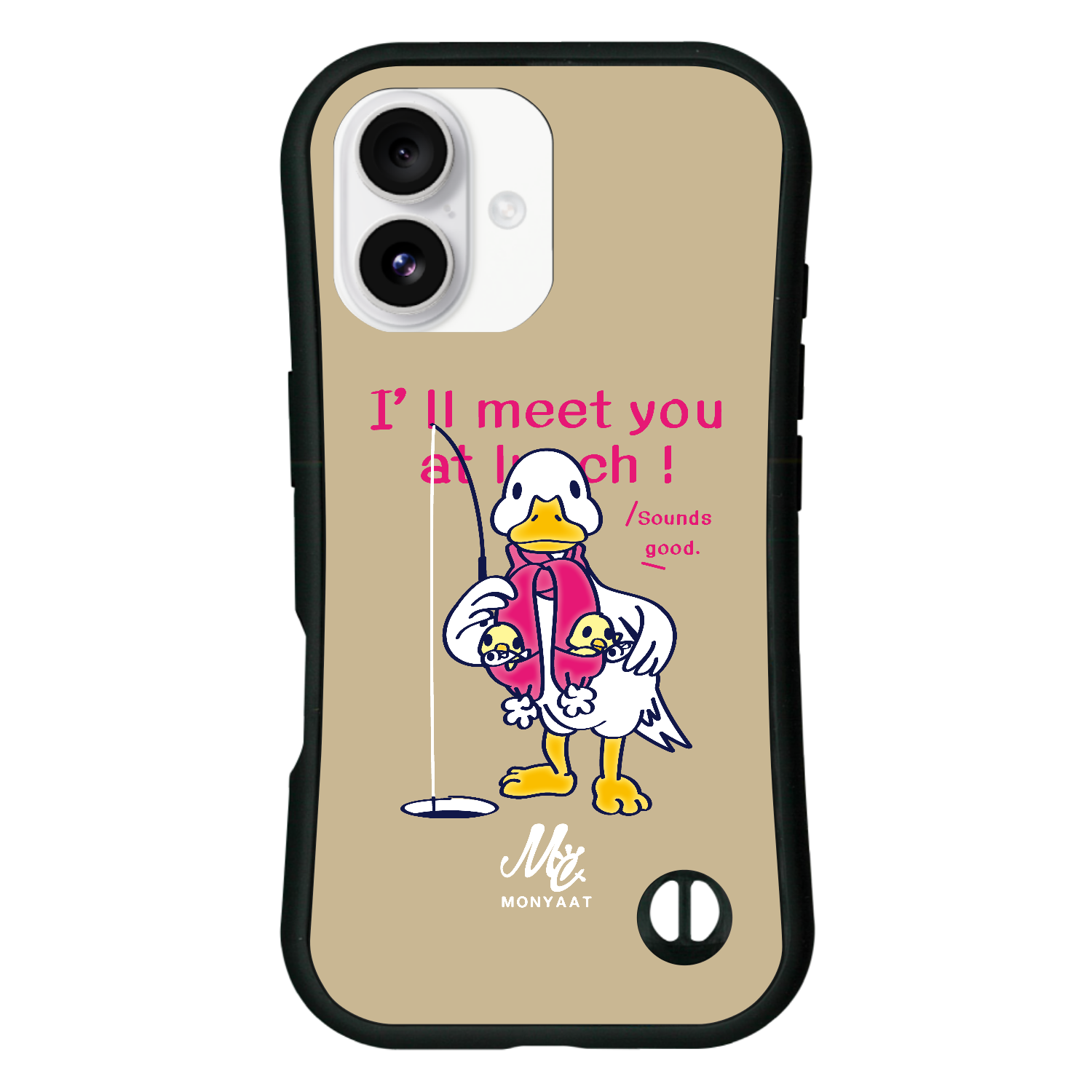 あひるのおひるさんのサカナ釣り ブラウン iPhone16 耐衝撃吸収グリップケース