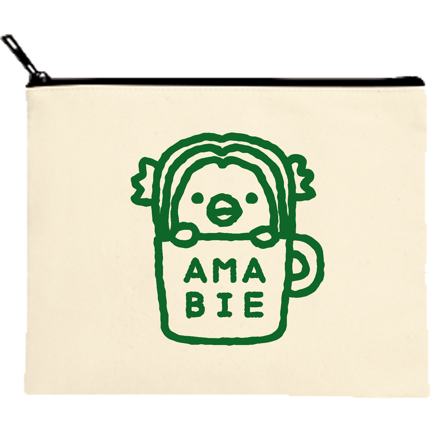 アマビエ・コーヒー【カフェ・ゆるイラスト】文字グリーン キャンバスポーチ（M）【白プリント有】