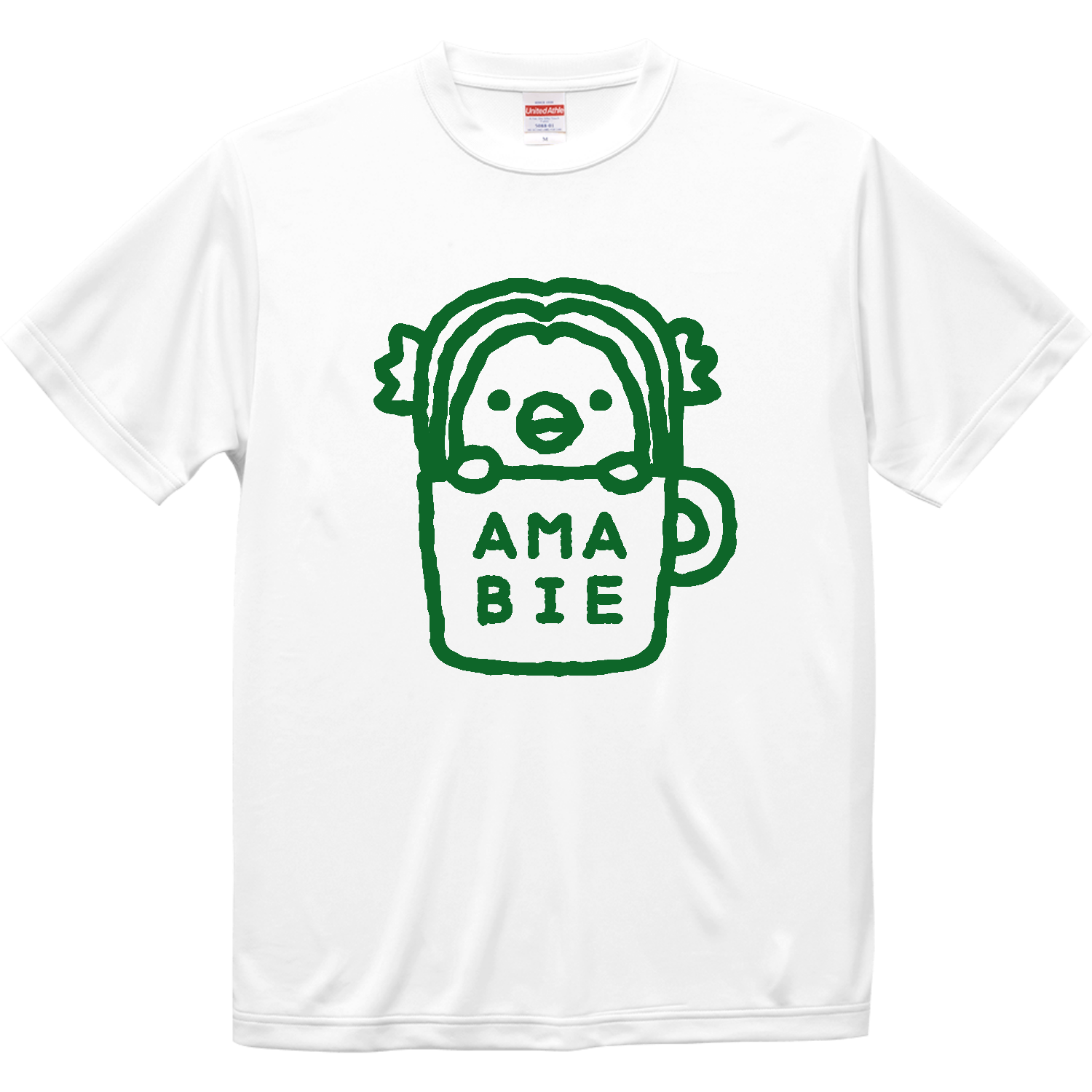 アマビエ・コーヒー【カフェ・ゆるイラスト】文字グリーン ドライシルキータッチTシャツ