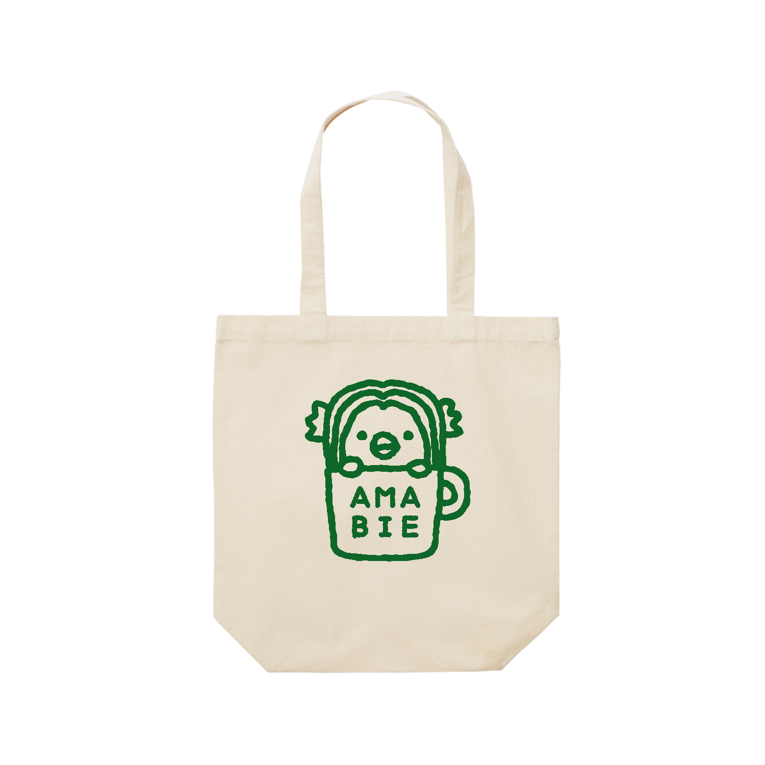 アマビエ・コーヒー【カフェ・ゆるイラスト】文字グリーン レギュラーキャンバストートバッグ(M) (フルカラー転写プリント)