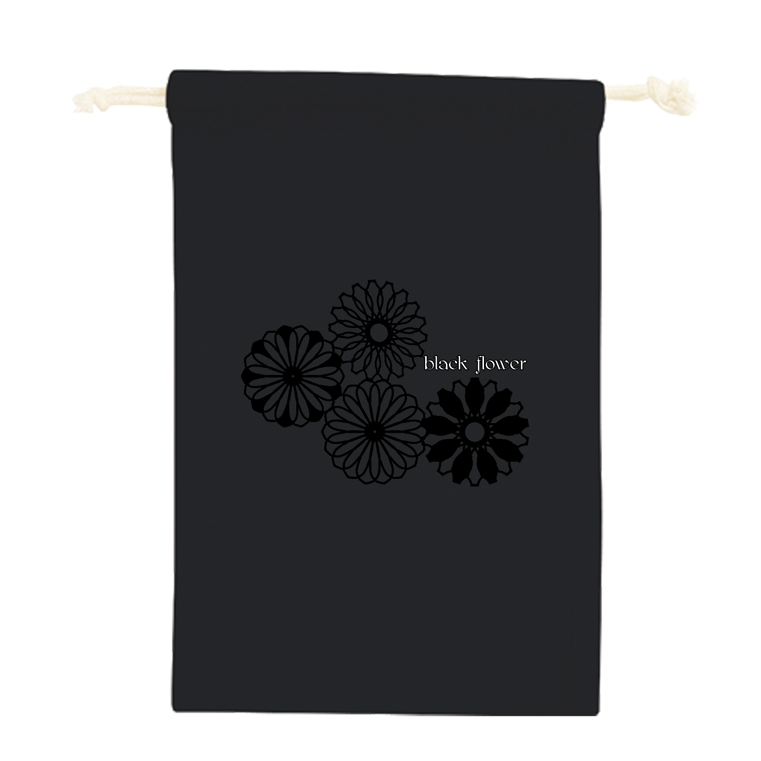 ブラックフラワー コットン巾着（Ｍ）