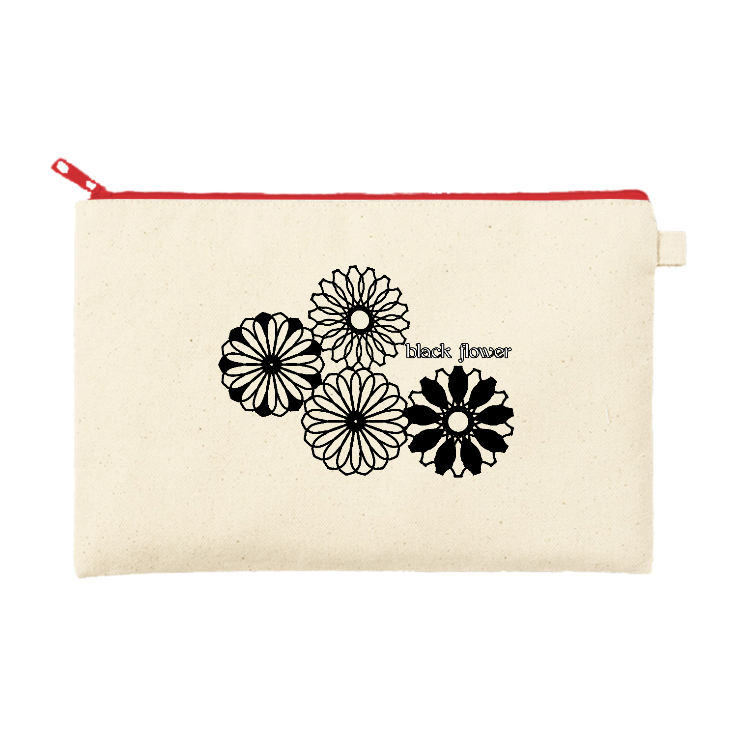 ブラックフラワー カラーファスナーキャンバスフラットポーチ（M）