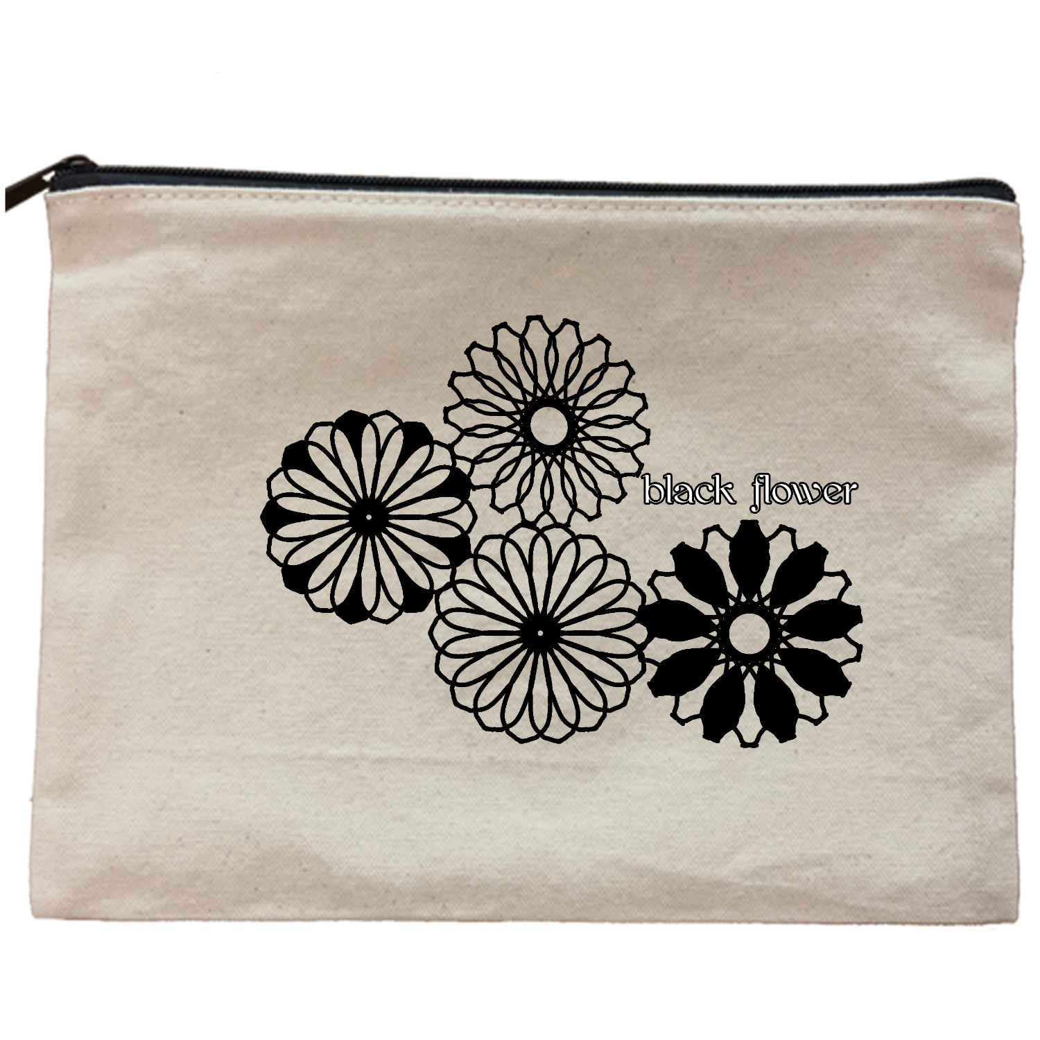 ブラックフラワー キャンバスポーチ（L）【白プリント有】