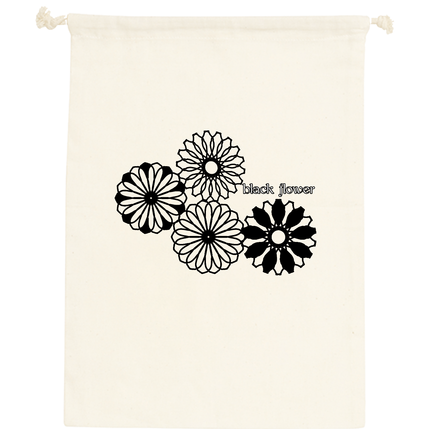 ブラックフラワー コットン巾着（L）