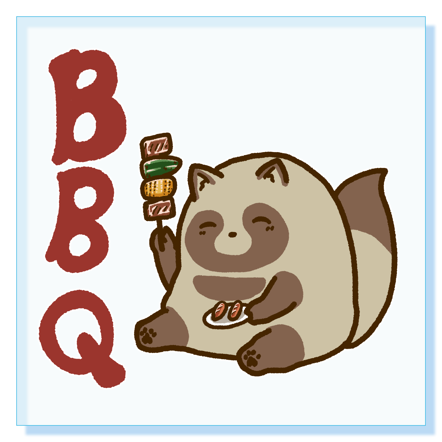 バーベキューを楽しむたぬき アクリルブロック (100 x 100mm)