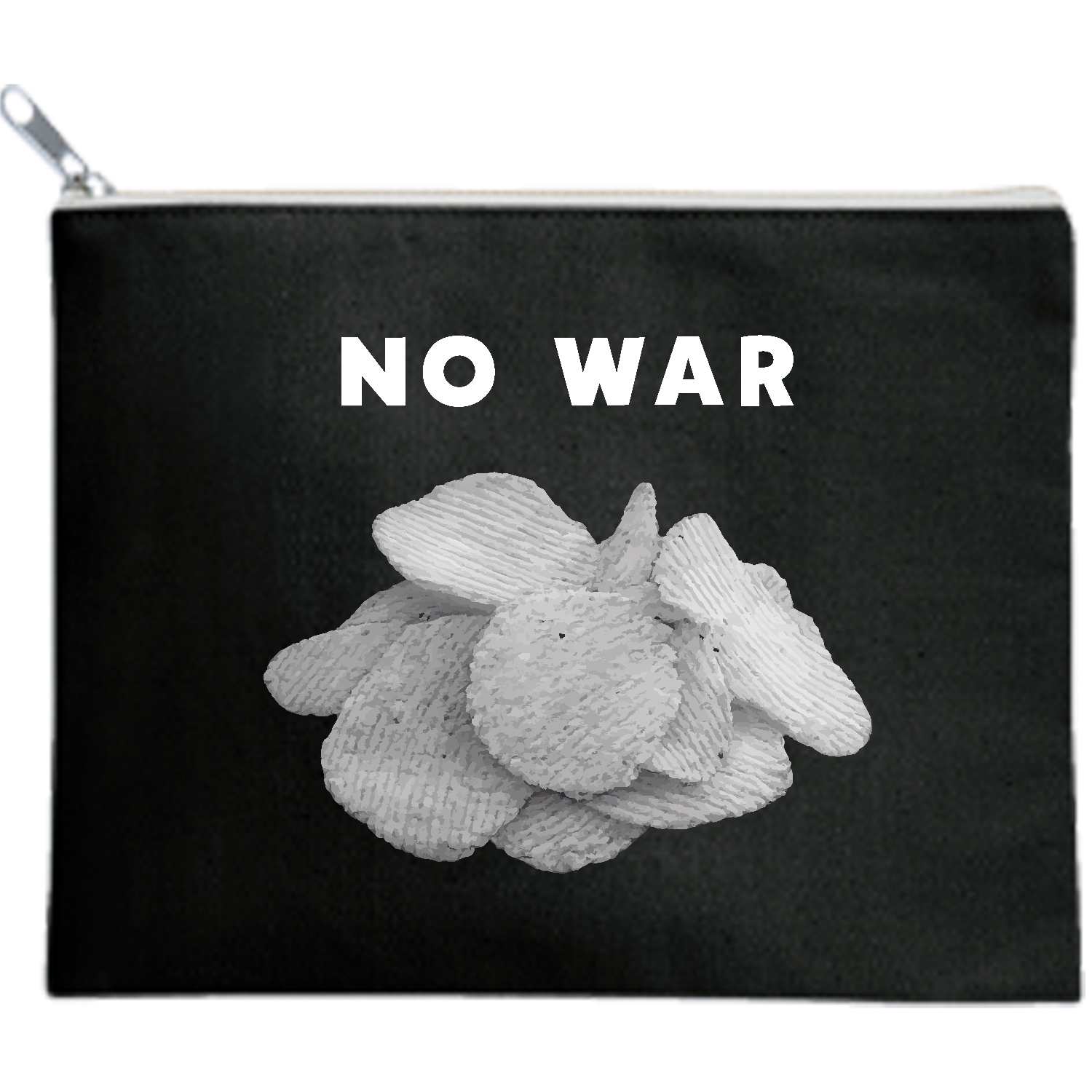 【背面】NO WAR・白黒ポテチ【ポテトチップス・白黒パッケージ】文字白 キャンバスポーチ（M）【白プリント有】
