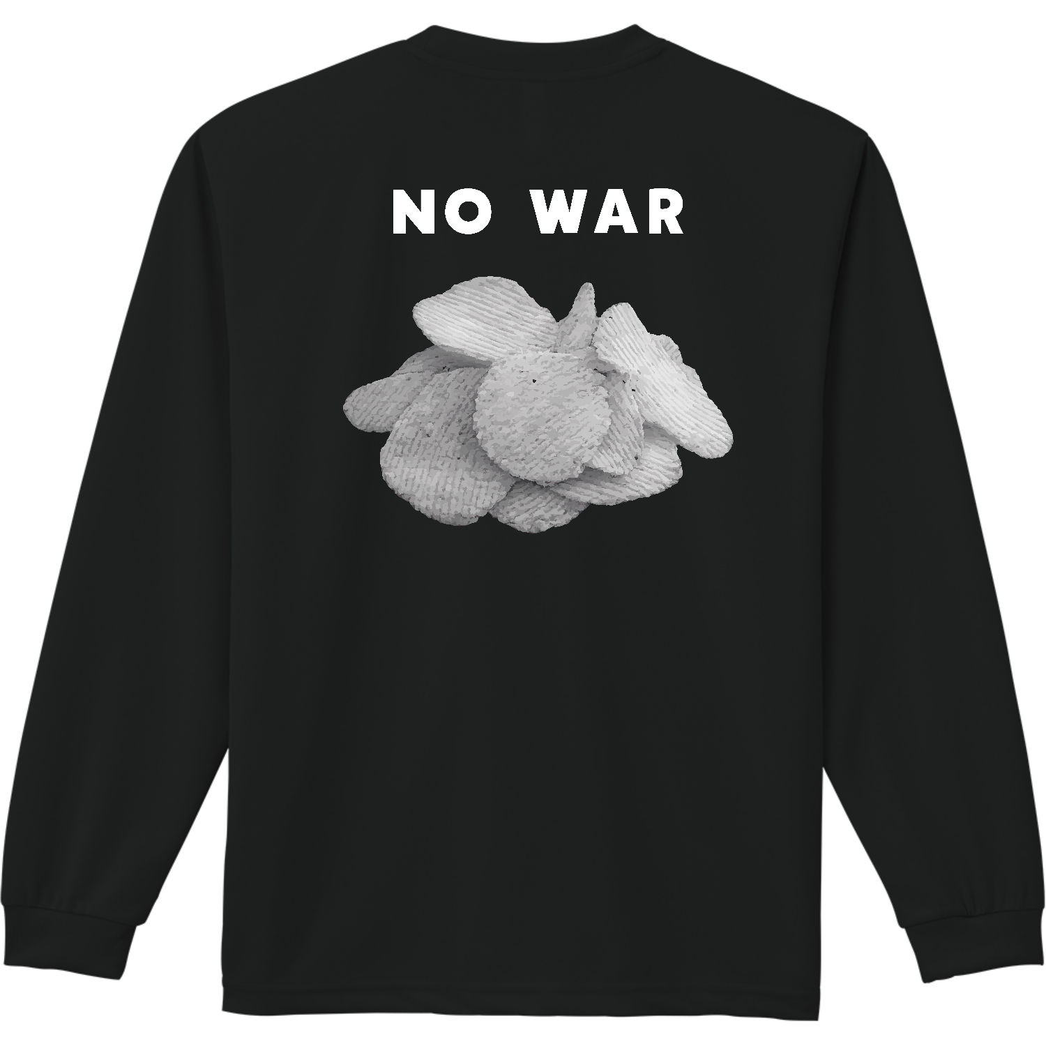 【背面】NO WAR・白黒ポテチ【ポテトチップス・白黒パッケージ】文字白 ドライ長袖Ｔシャツ