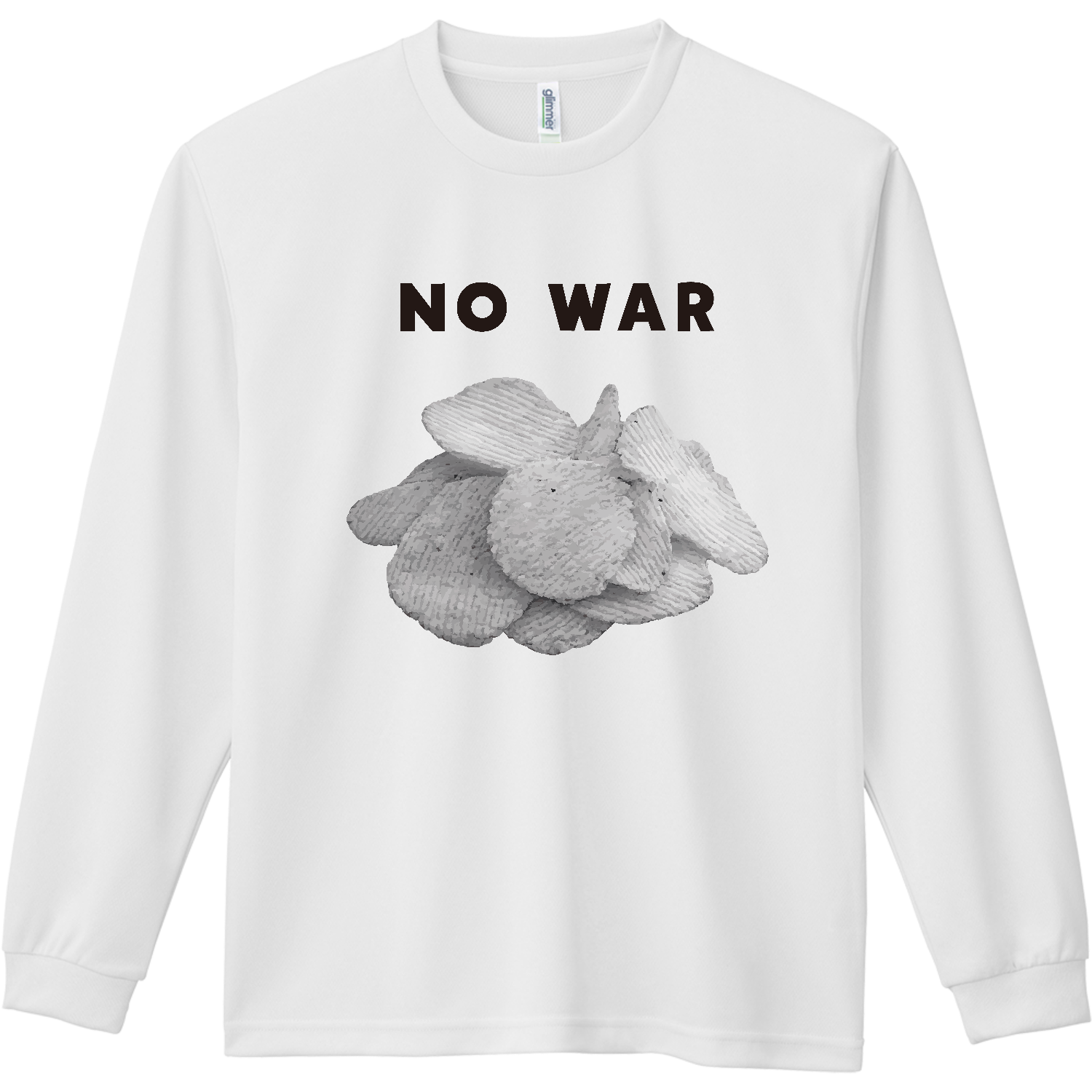 白黒ポテチ・NO WAR【ポテトチップス・白黒パッケージ・ナフサ不足・節約】 ドライ長袖Ｔシャツ