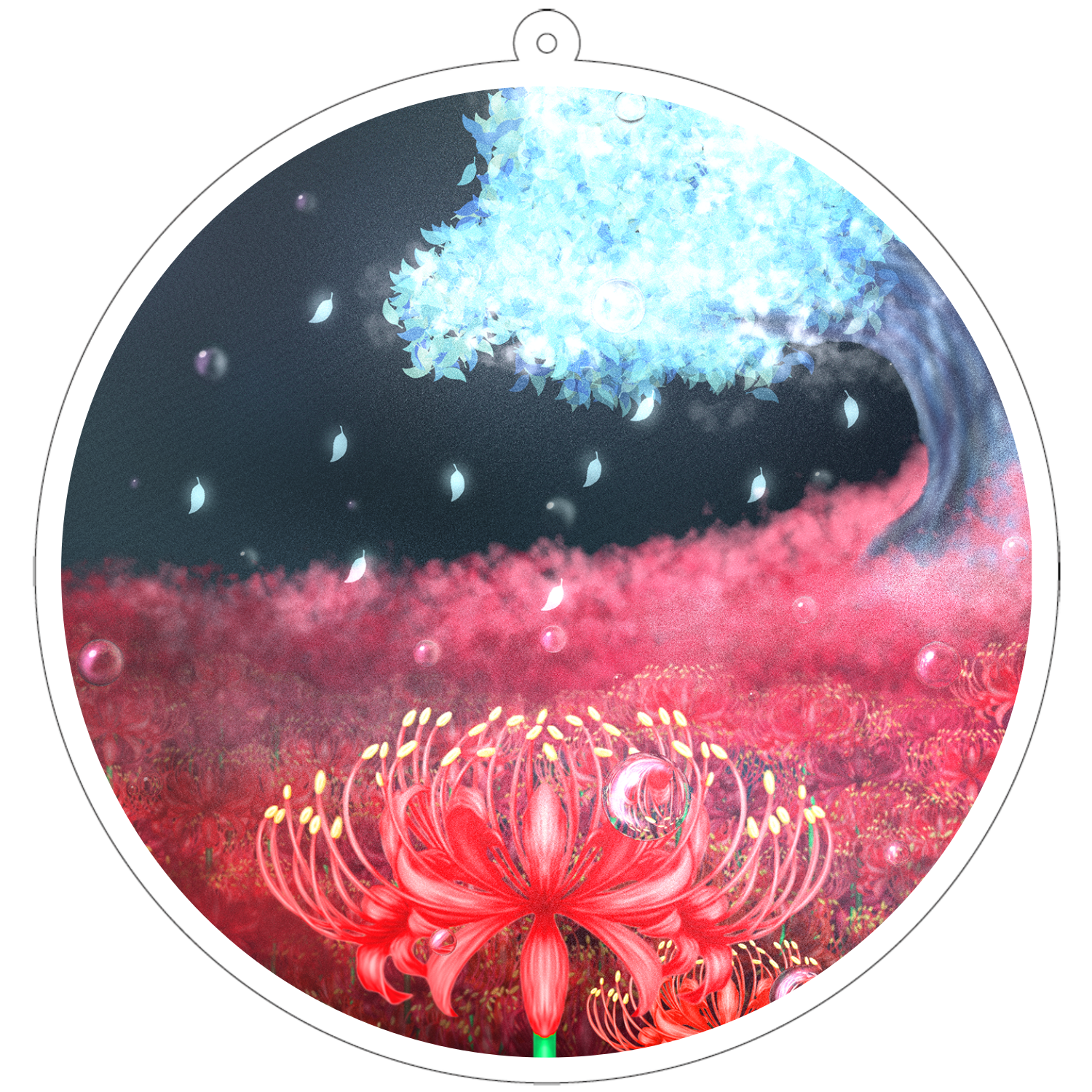 彼岸花と青い大樹 100×100mm アクリルキーホルダー(丸型)
