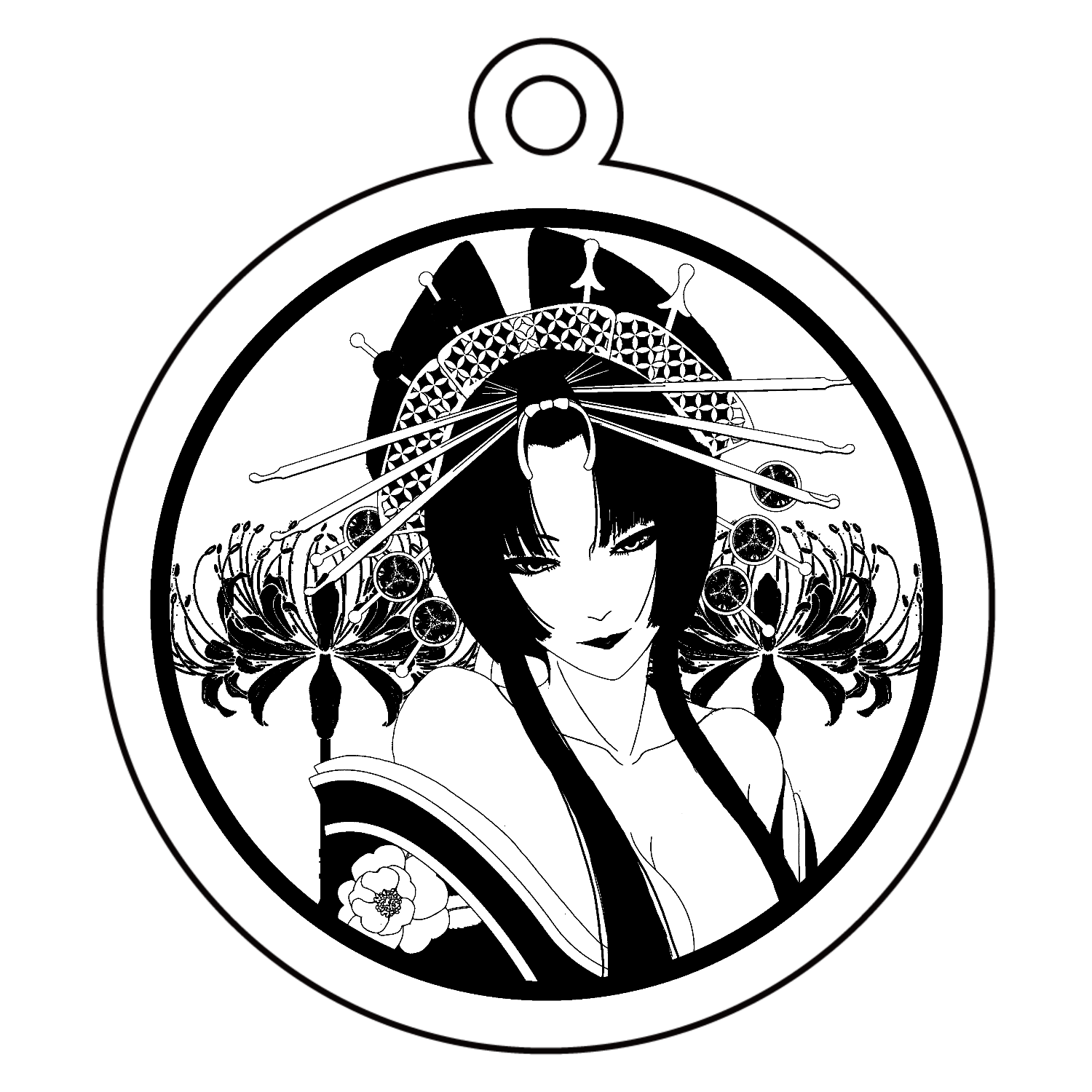花魁 丸 線画 アクリルキーホルダー　丸型 (6cm)