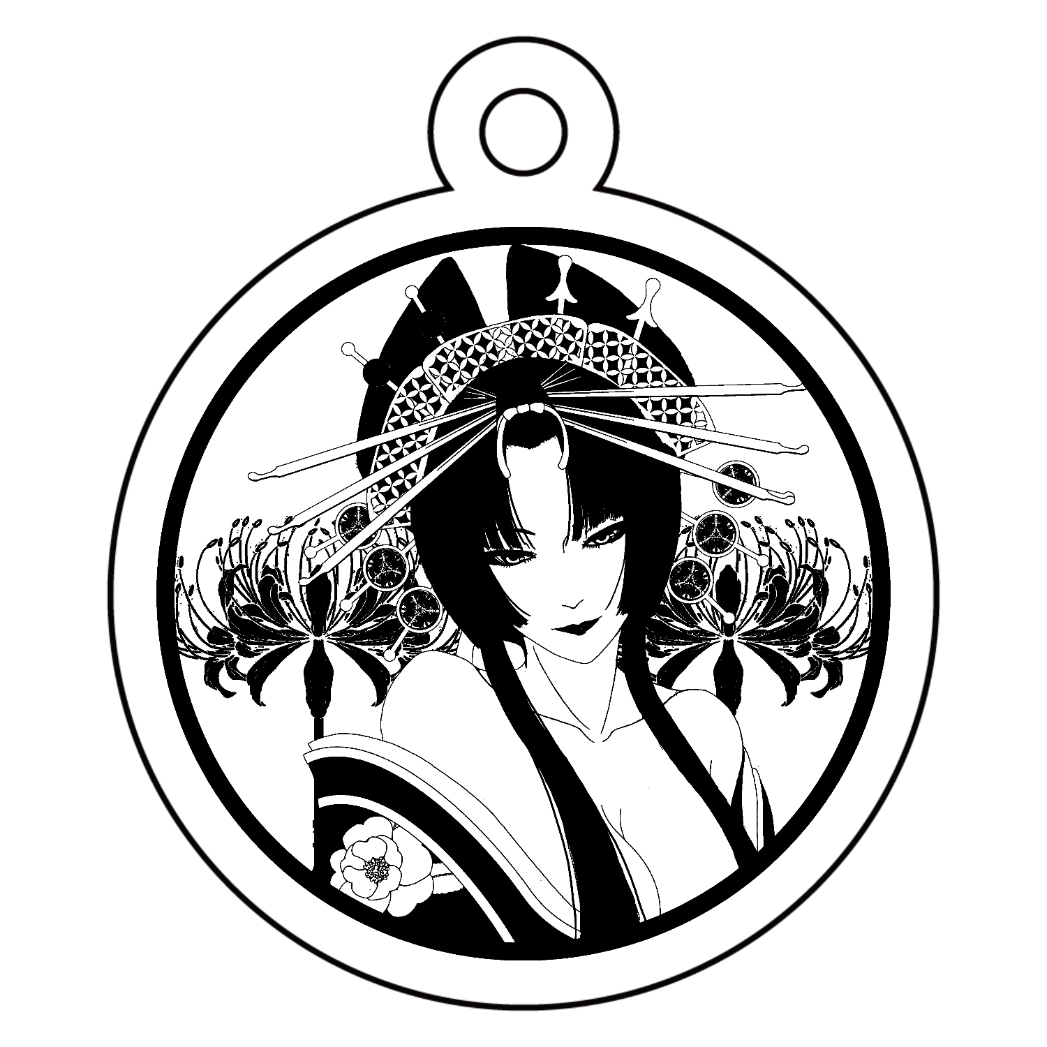 花魁 丸 線画 アクリルキーホルダー(両面印刷)　丸型 (4cm)
