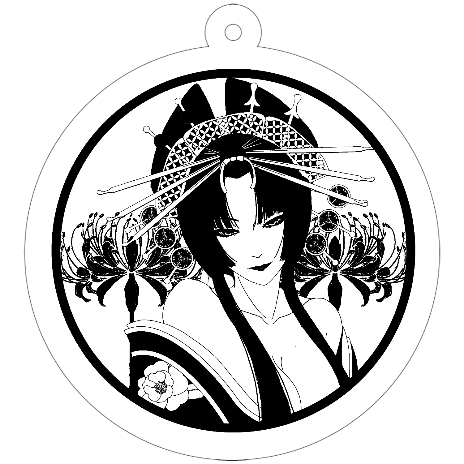 花魁 丸 線画 50×50mm アクリルキーホルダー(丸型)