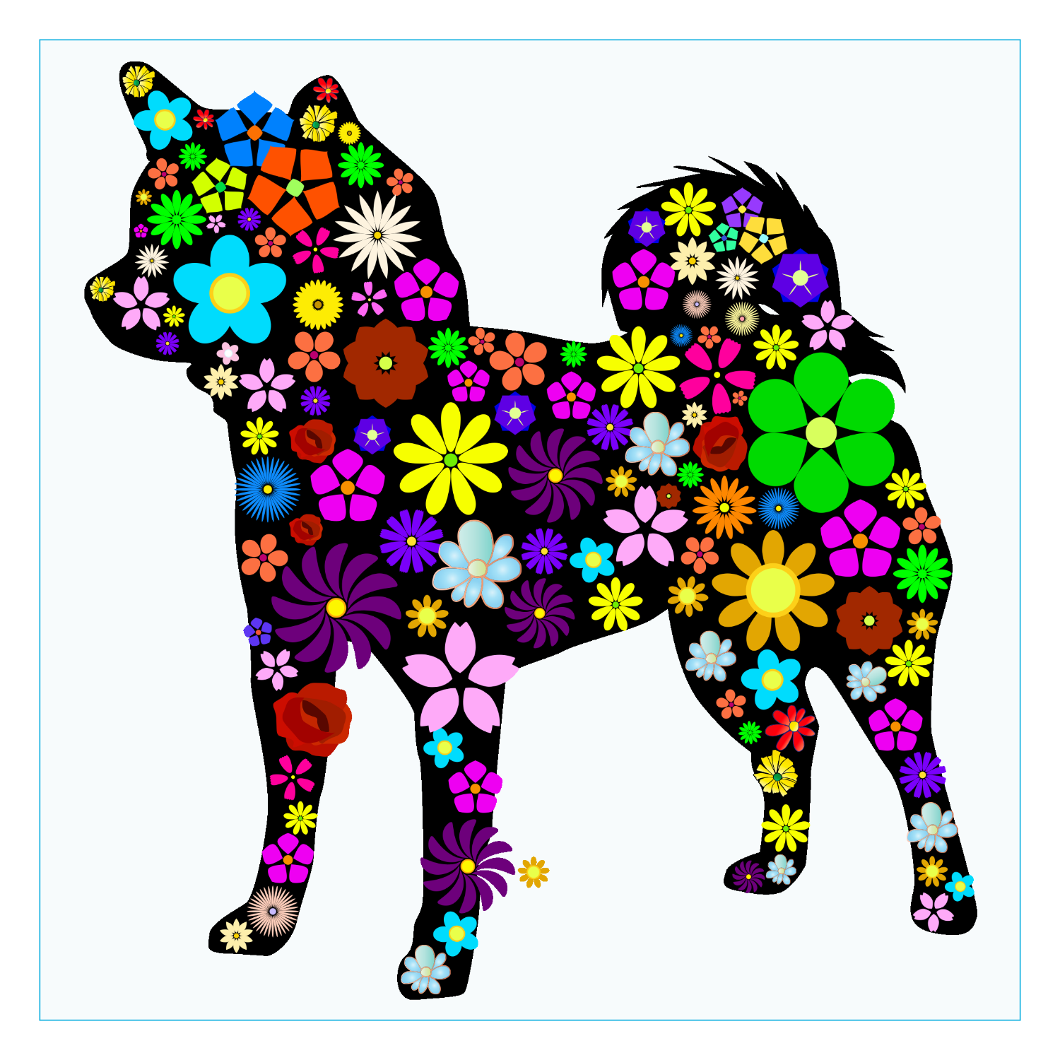 綺麗な花柄柴犬のシルエットマーク ダイカットアクリルキーホルダー(6×6cm)