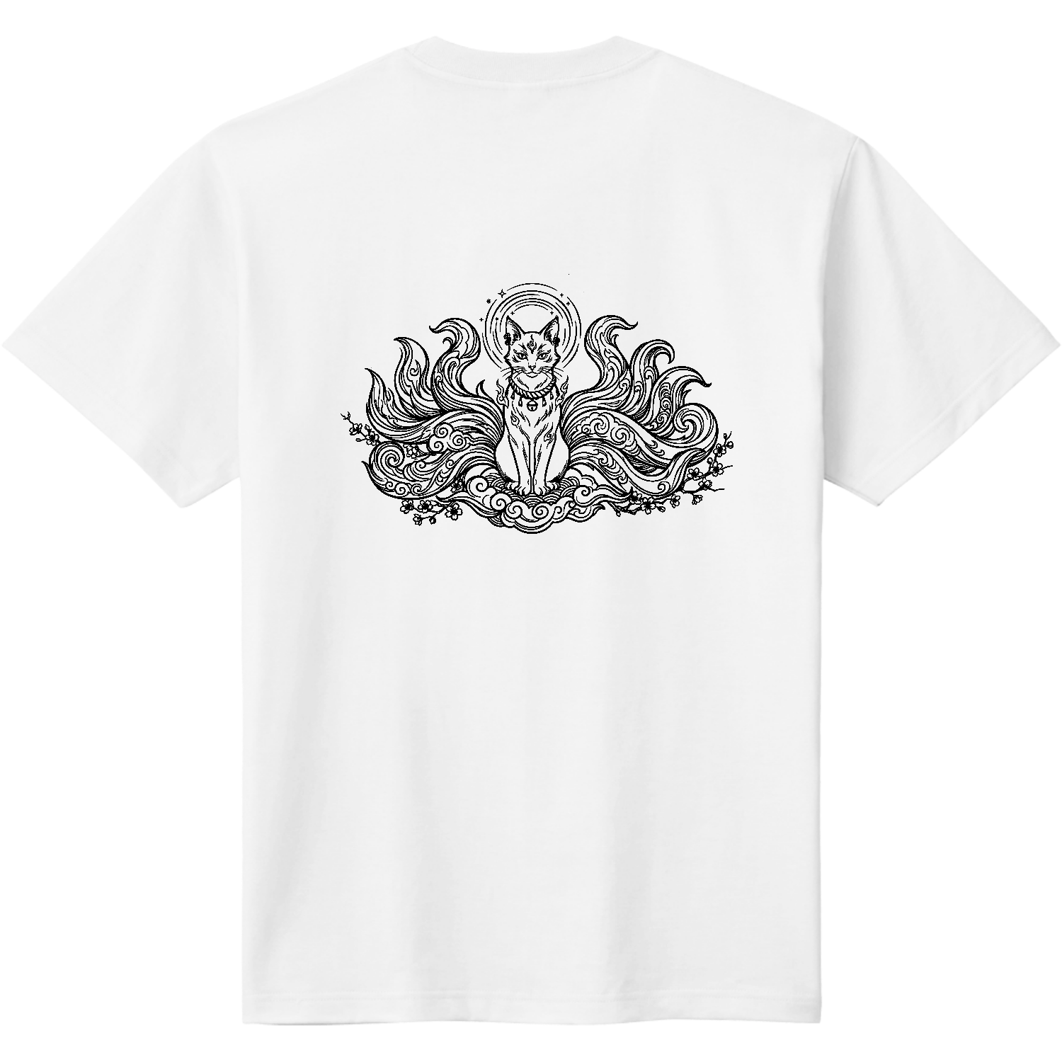 神々しき九尾の猫神様_線画アート 定番Ｔシャツ