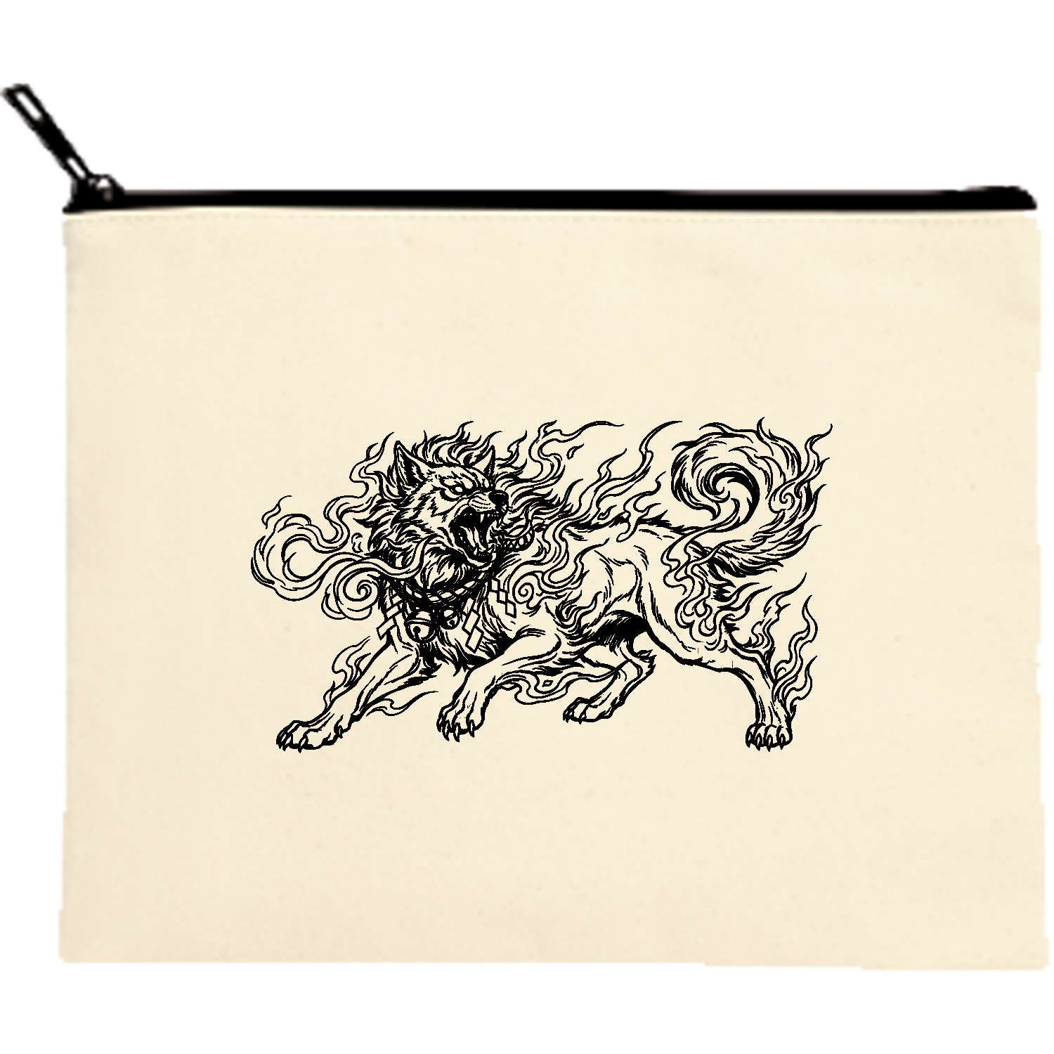犬神様 線画イラスト キャンバスポーチ（M）【白プリント有】