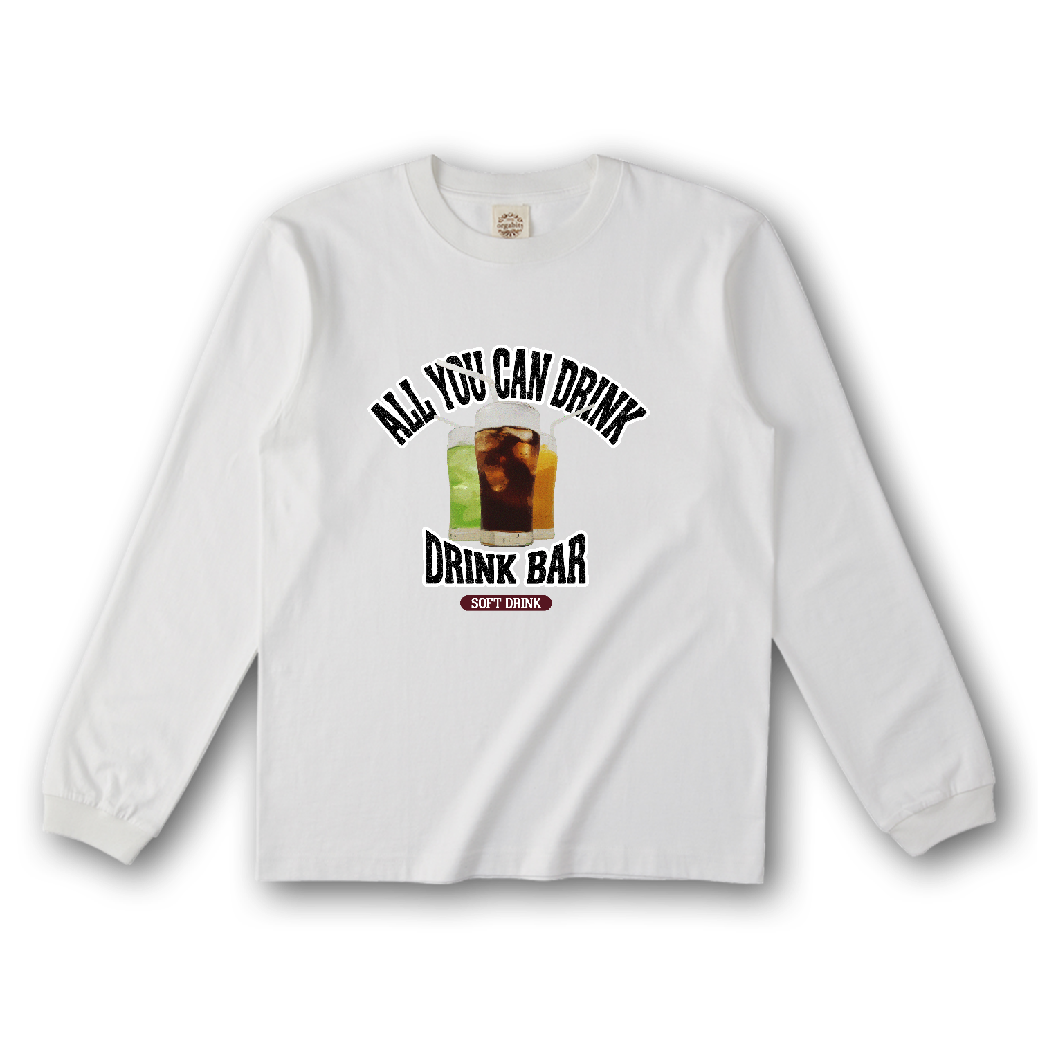 ドリンクバー（ビンテージ風） オーガニックコットンロングスリーブTシャツ（リブ有り）