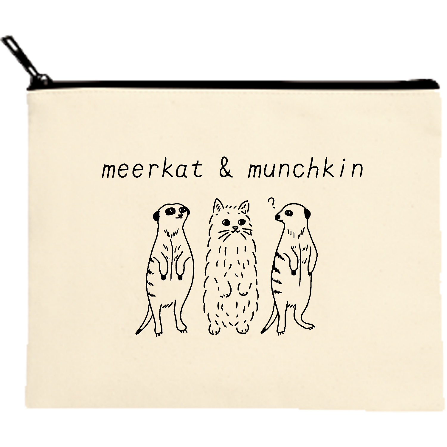 meerkat＆munchkin(ブラック) キャンバスポーチ（M）【白プリント有】
