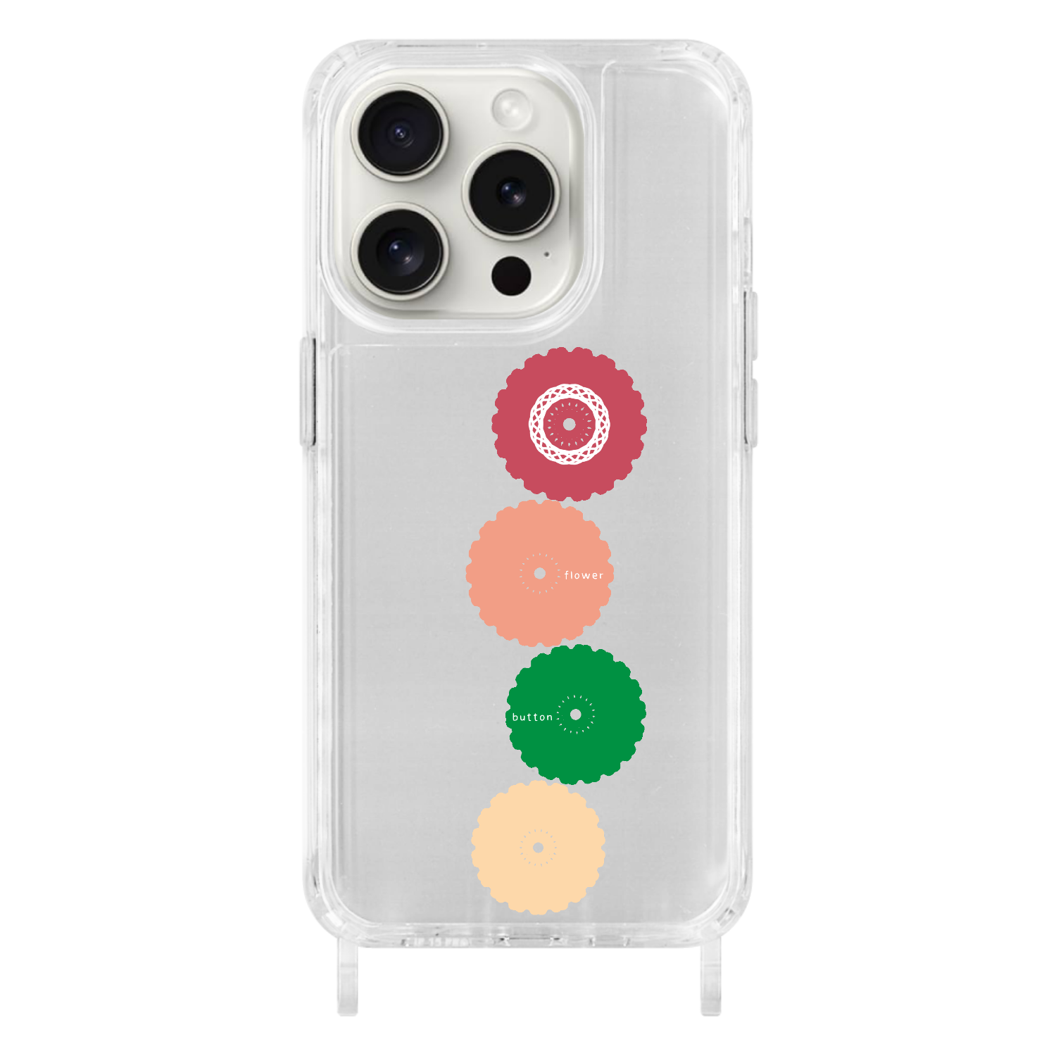 ボタンフラワー iPhone15 Pro用リング型ストラップホール付クリアケース