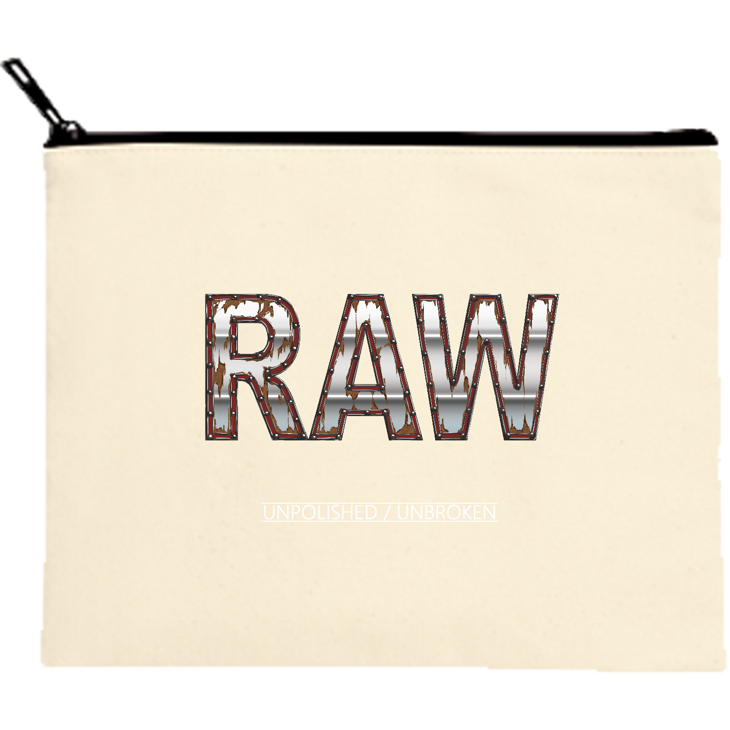 RAW — UNPOLISHED. UNBROKEN. キャンバスポーチ（M）【白プリント有】