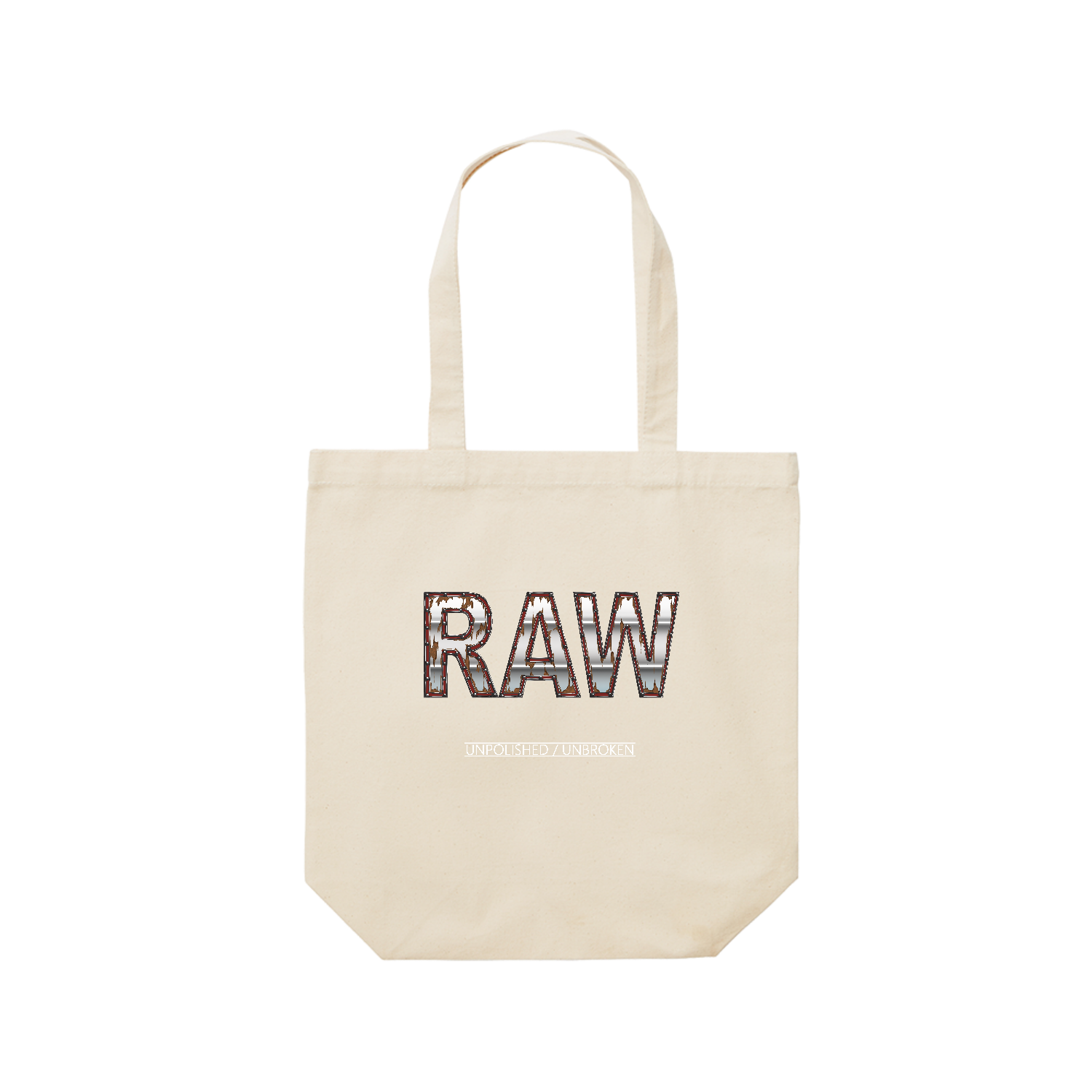 RAW — UNPOLISHED. UNBROKEN. レギュラーキャンバストートバッグ(M) (フルカラー転写プリント)