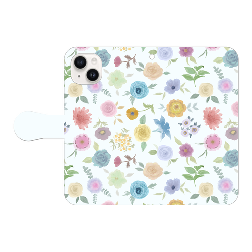 過去と未来の花（青） iPhone15 手帳型スマホケース